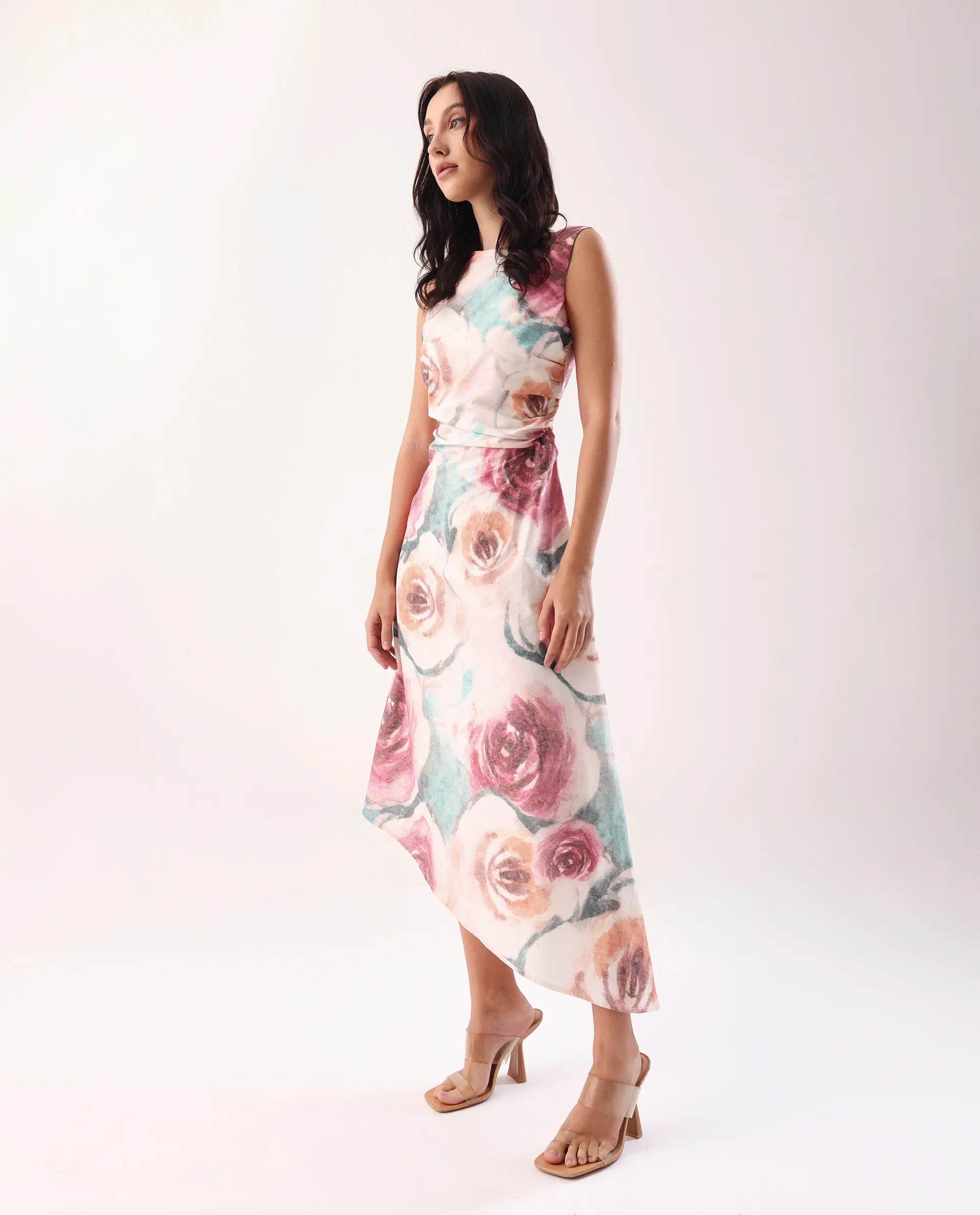 Rareism Women's Cirina Multi Boat Neck A-Line Printed Midi Dress