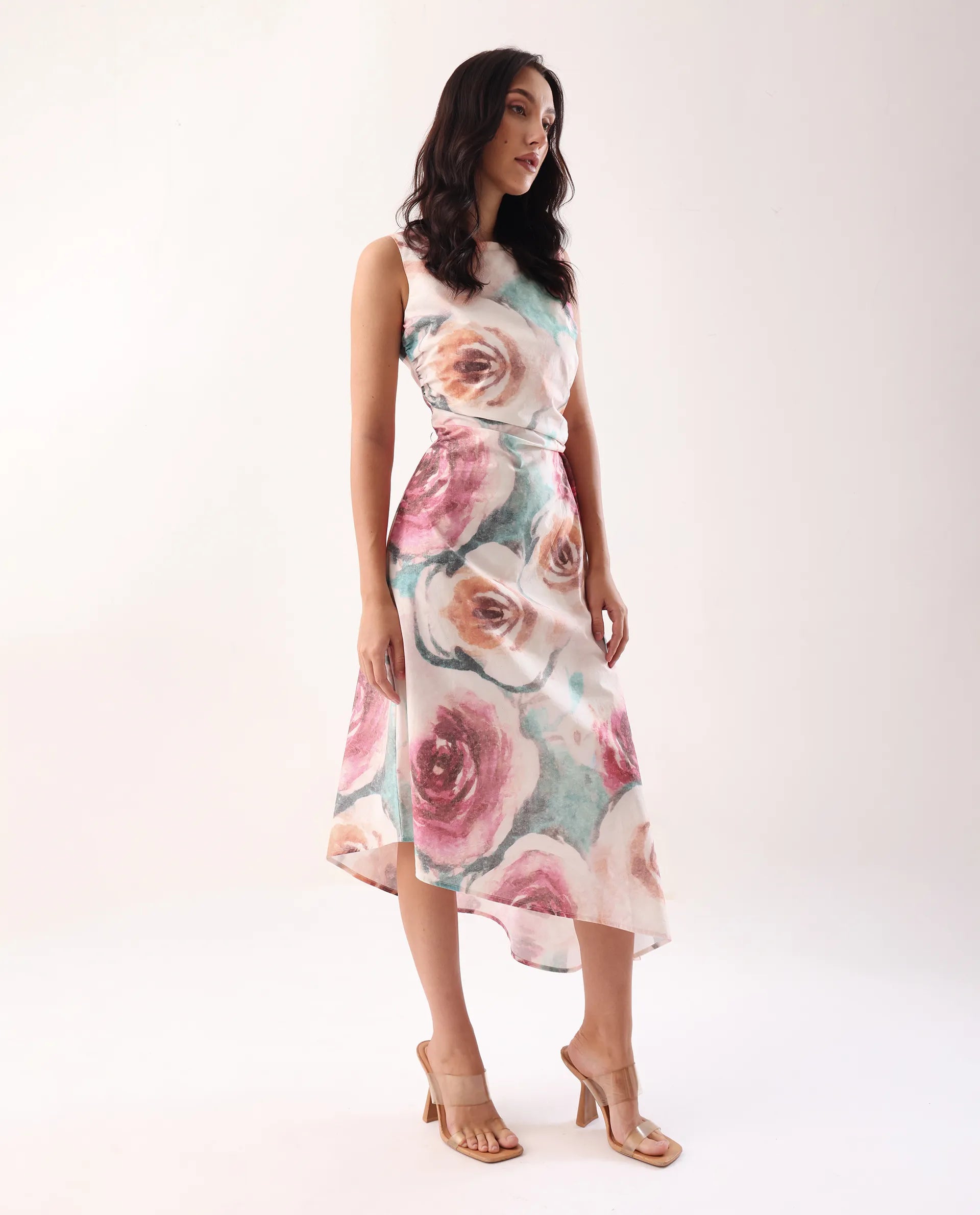 Rareism Women's Cirina Multi Boat Neck A-Line Printed Midi Dress