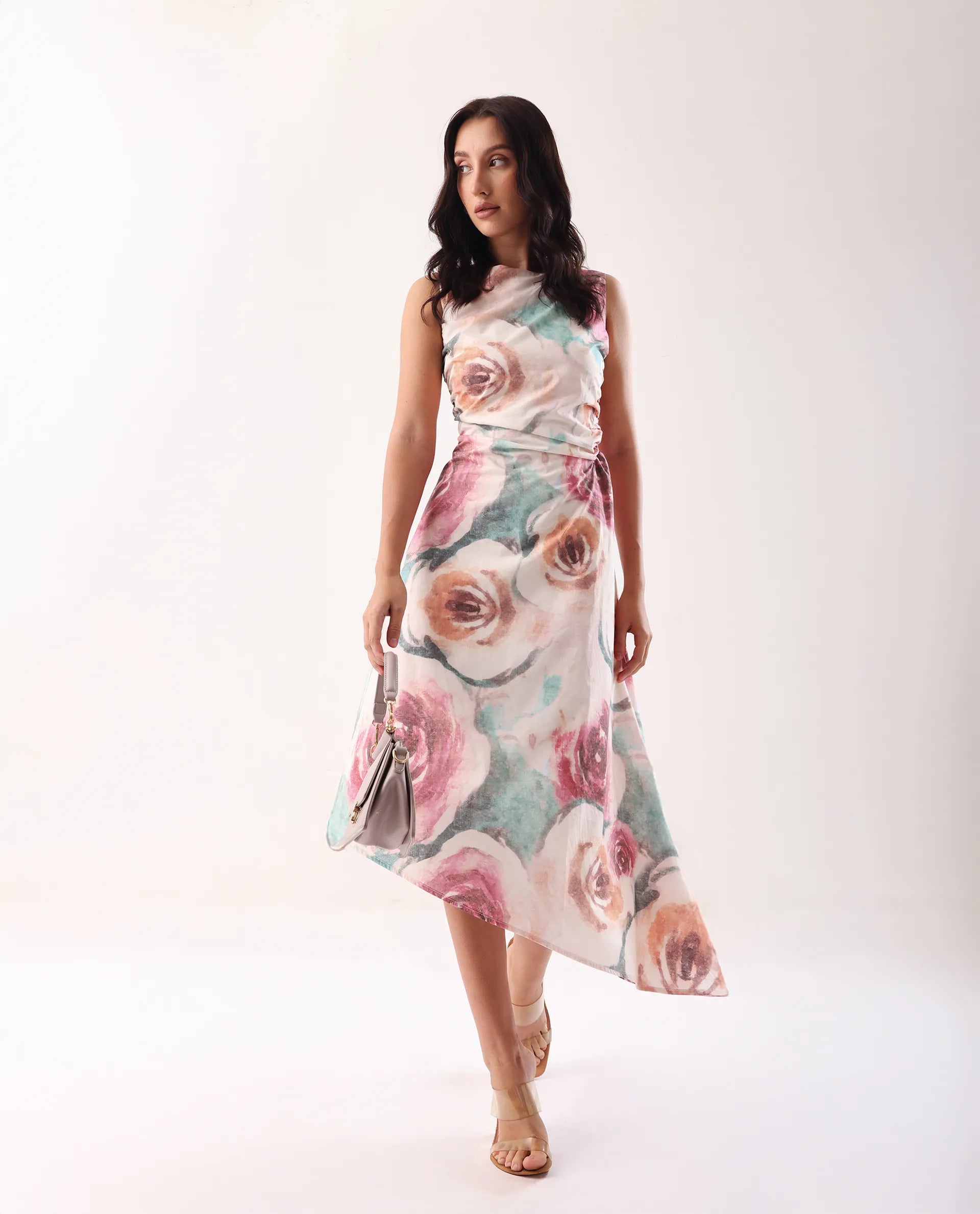 Rareism Women's Cirina Multi Boat Neck A-Line Printed Midi Dress