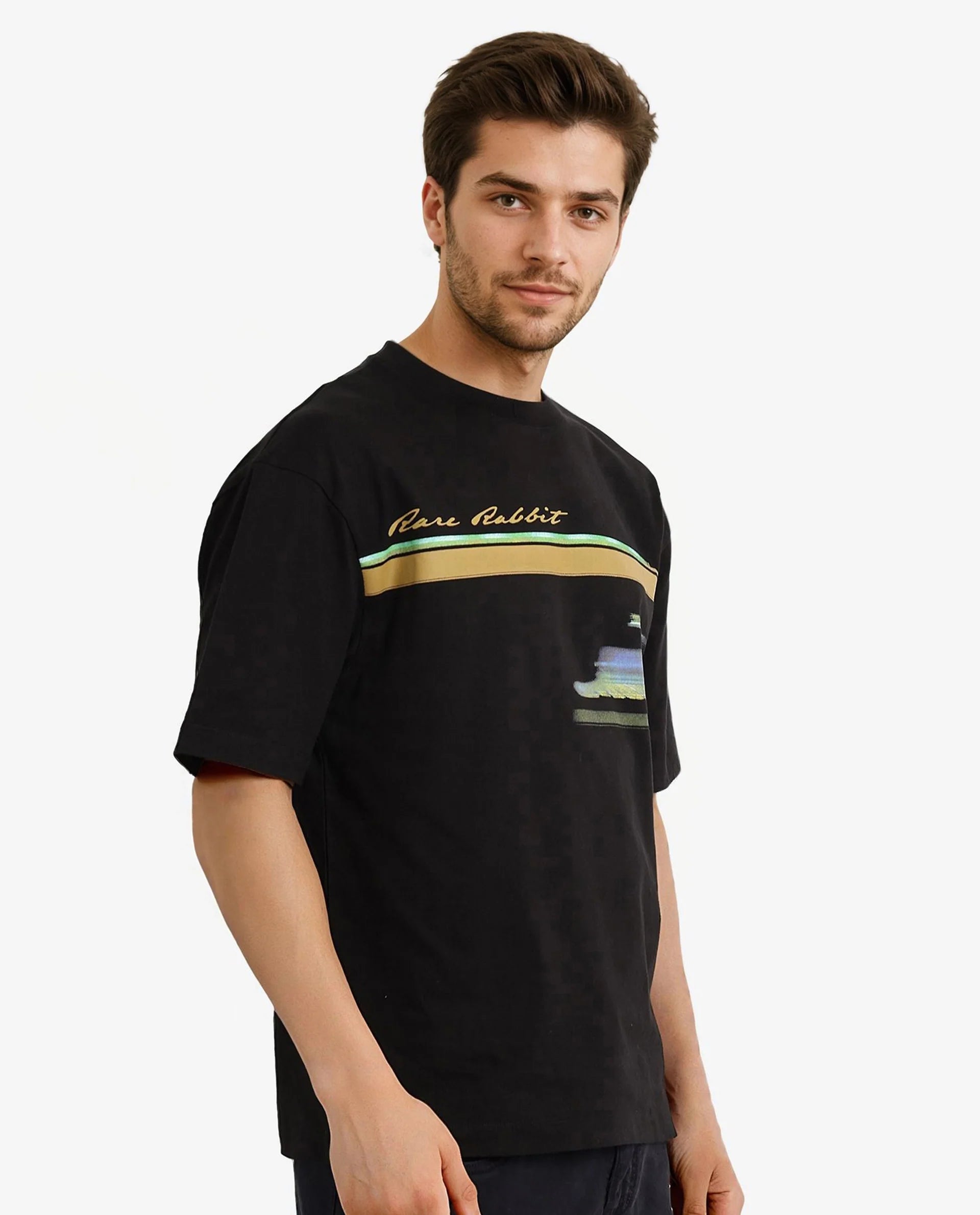 Rare Rabbit Men Cius Black Cotton Fabric Short Sleeve Crew Neck Oversized Fit Graphic Print T-Shirt