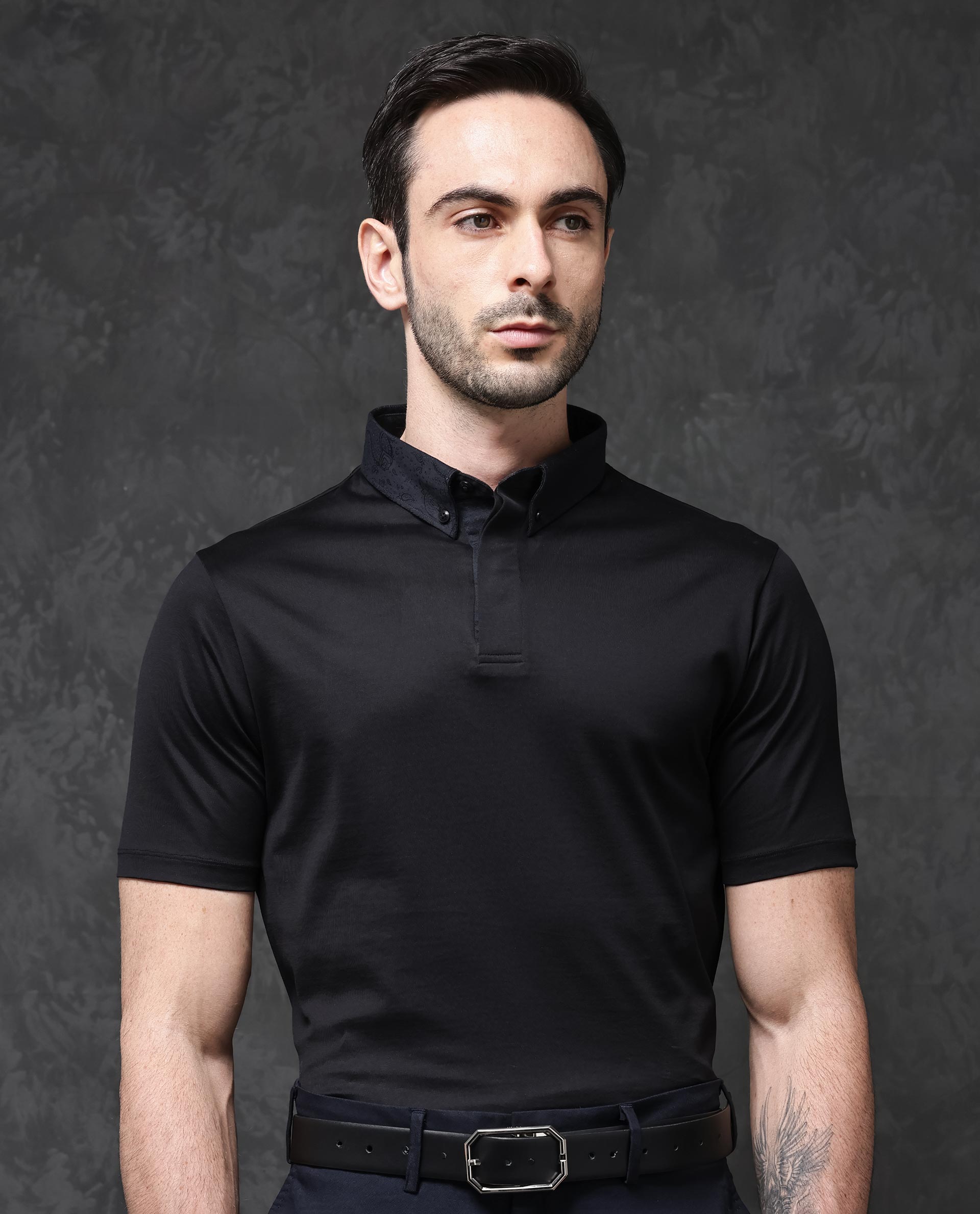 Rare Rabbit Men's Clarance Black Cotton Fabric Half Sleeves Solid Polo T-Shirt