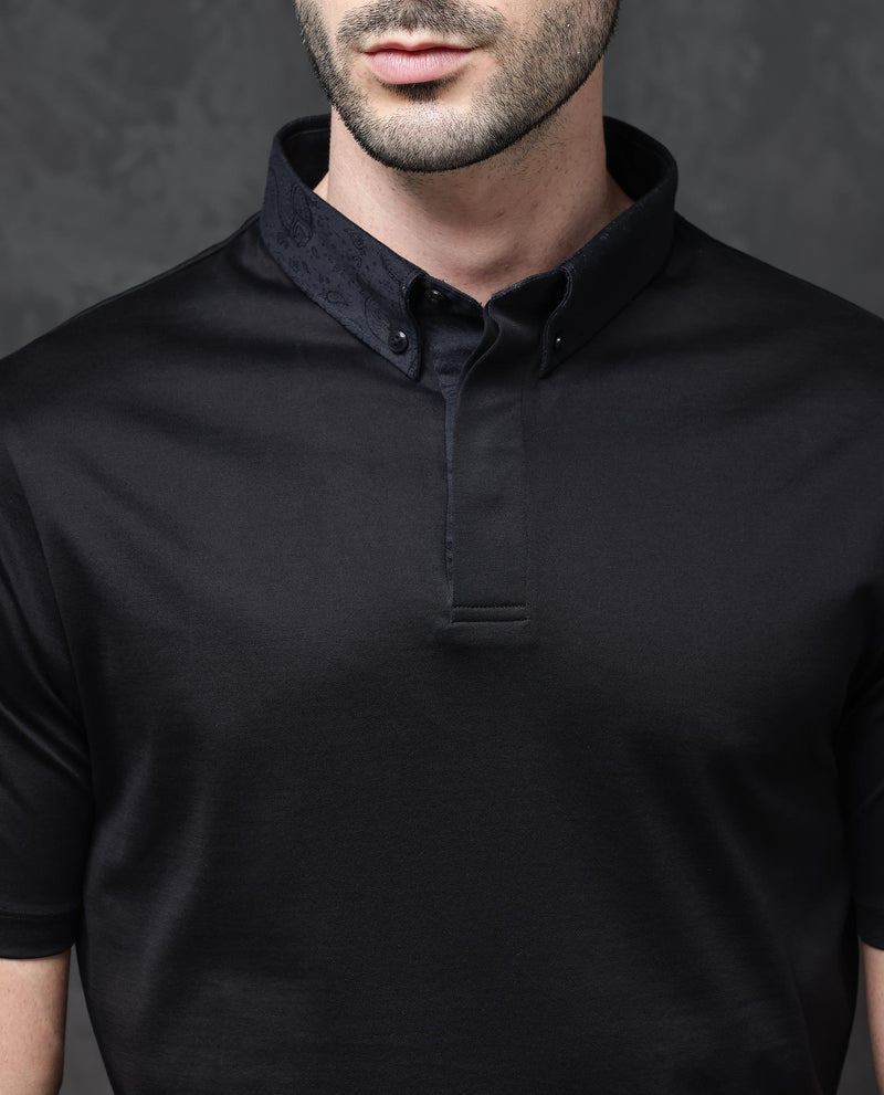 Rare Rabbit Men's Clarance Black Cotton Fabric Half Sleeves Solid Polo T-Shirt