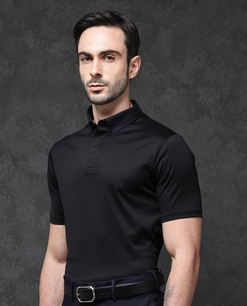 Rare Rabbit Men's Clarance Black Cotton Fabric Half Sleeves Solid Polo T-Shirt