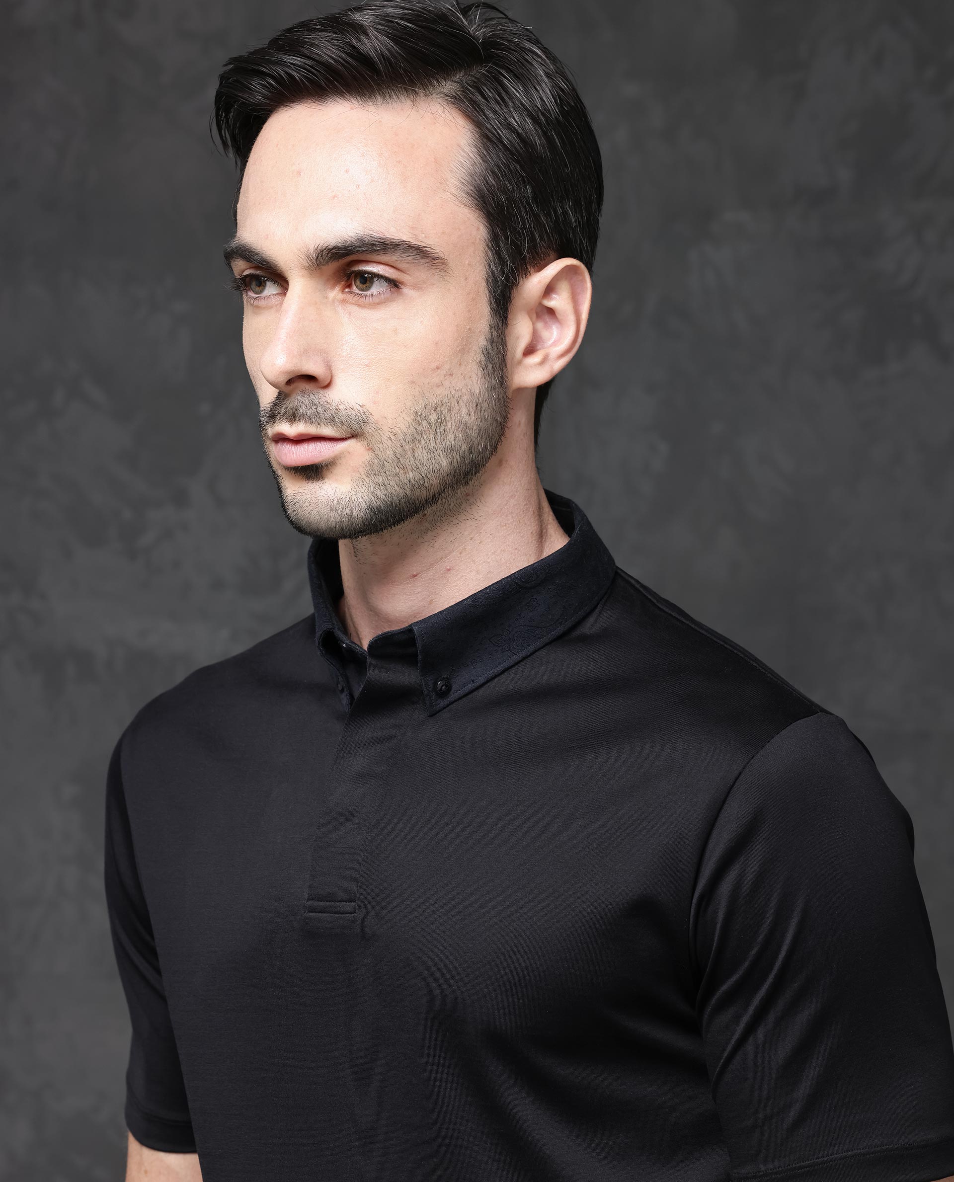 Rare Rabbit Men's Clarance Black Cotton Fabric Half Sleeves Solid Polo T-Shirt