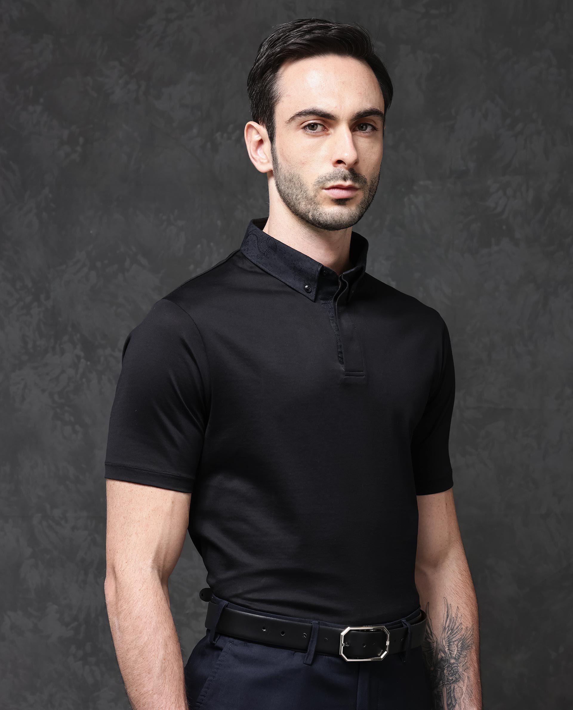 Rare Rabbit Men's Clarance Black Cotton Fabric Half Sleeves Solid Polo T-Shirt