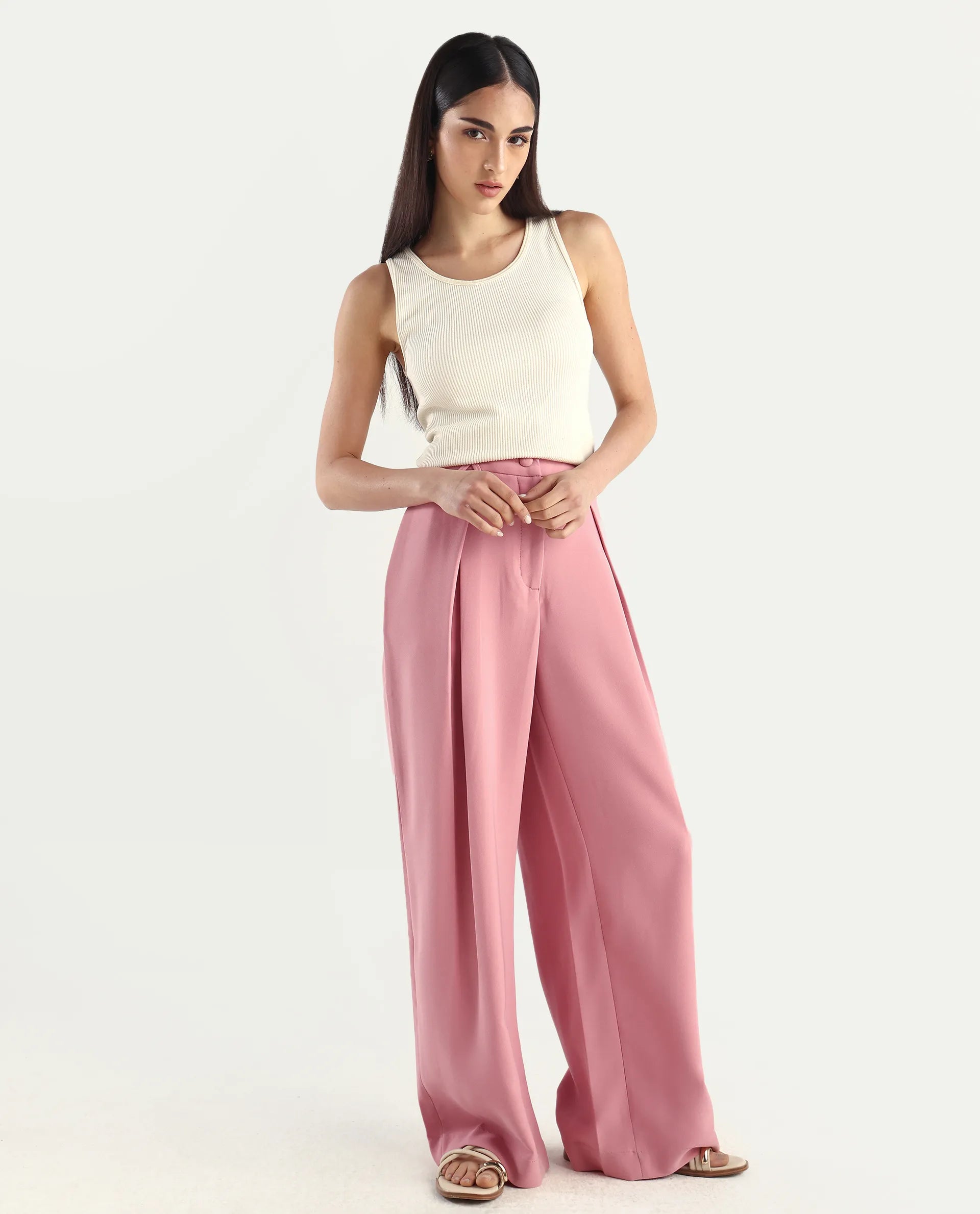 Rareism Women's Pink Poly Lycra Plain Ankle Length Wide Trouser