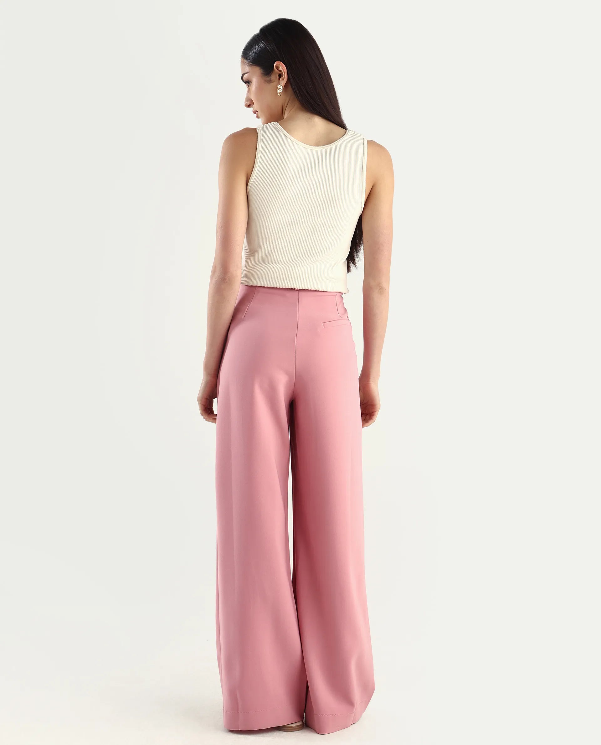 Rareism Women's Pink Poly Lycra Plain Ankle Length Wide Trouser