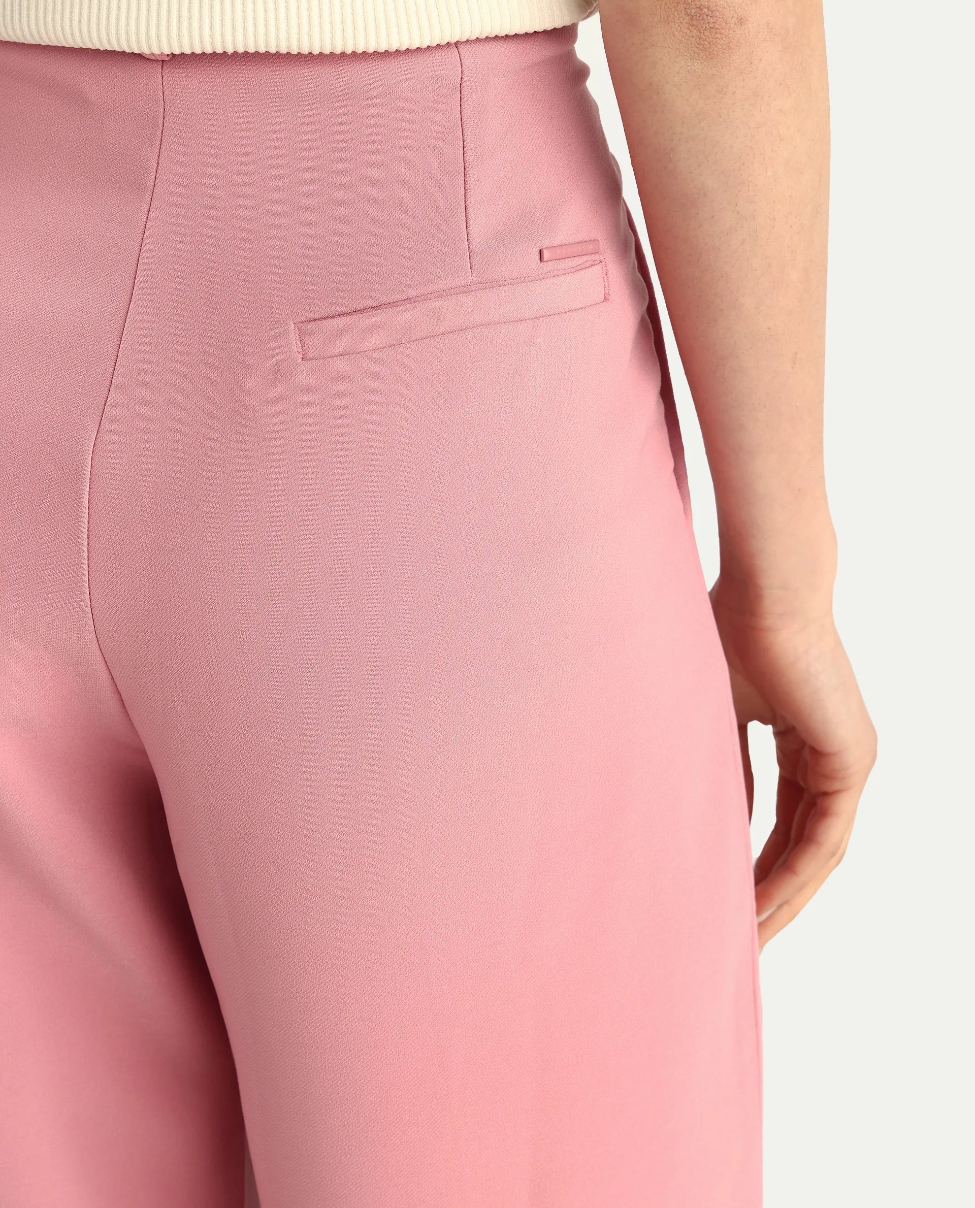 Rareism Women's Pink Poly Lycra Plain Ankle Length Wide Trouser