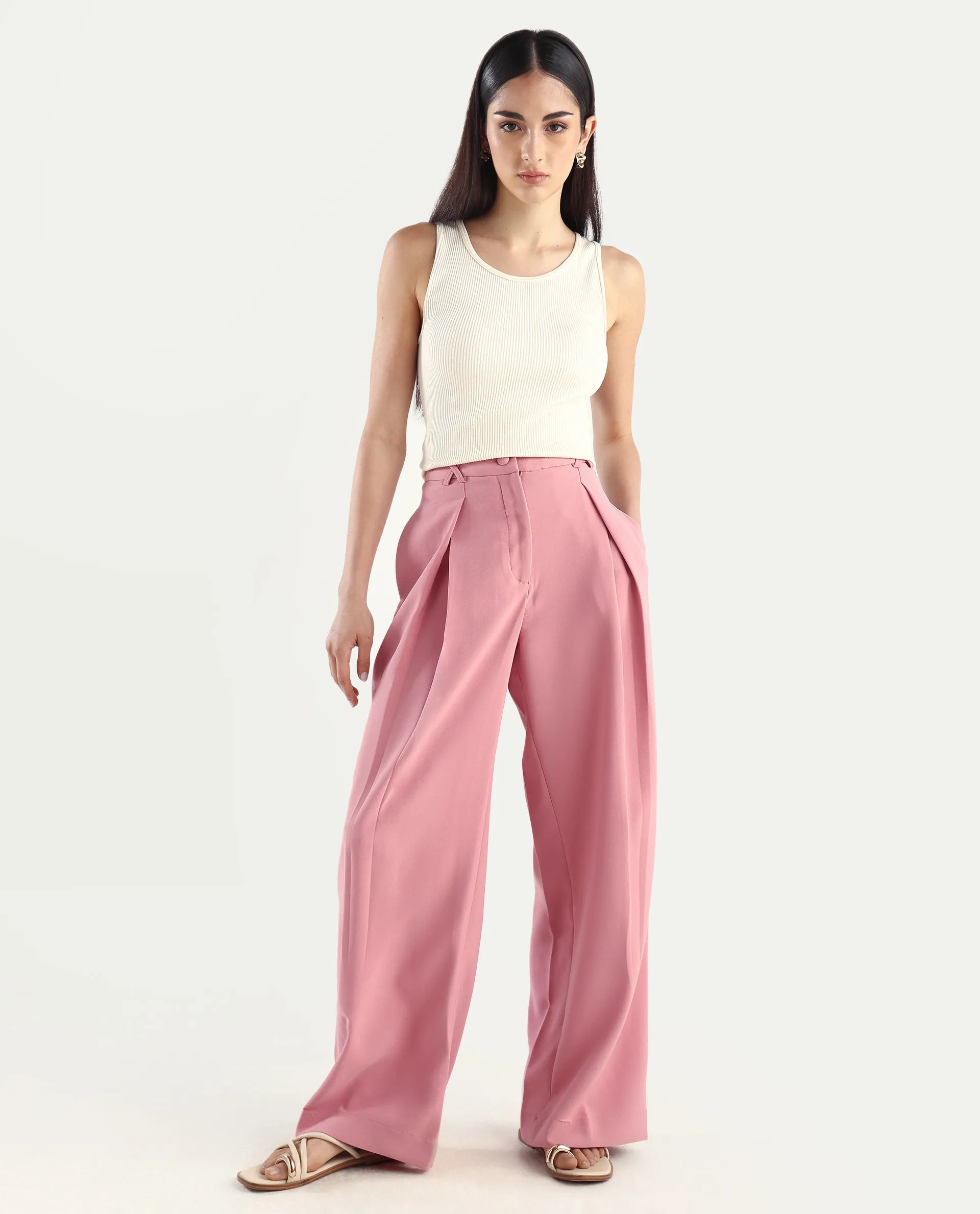 Rareism Women's Pink Poly Lycra Plain Ankle Length Wide Trouser