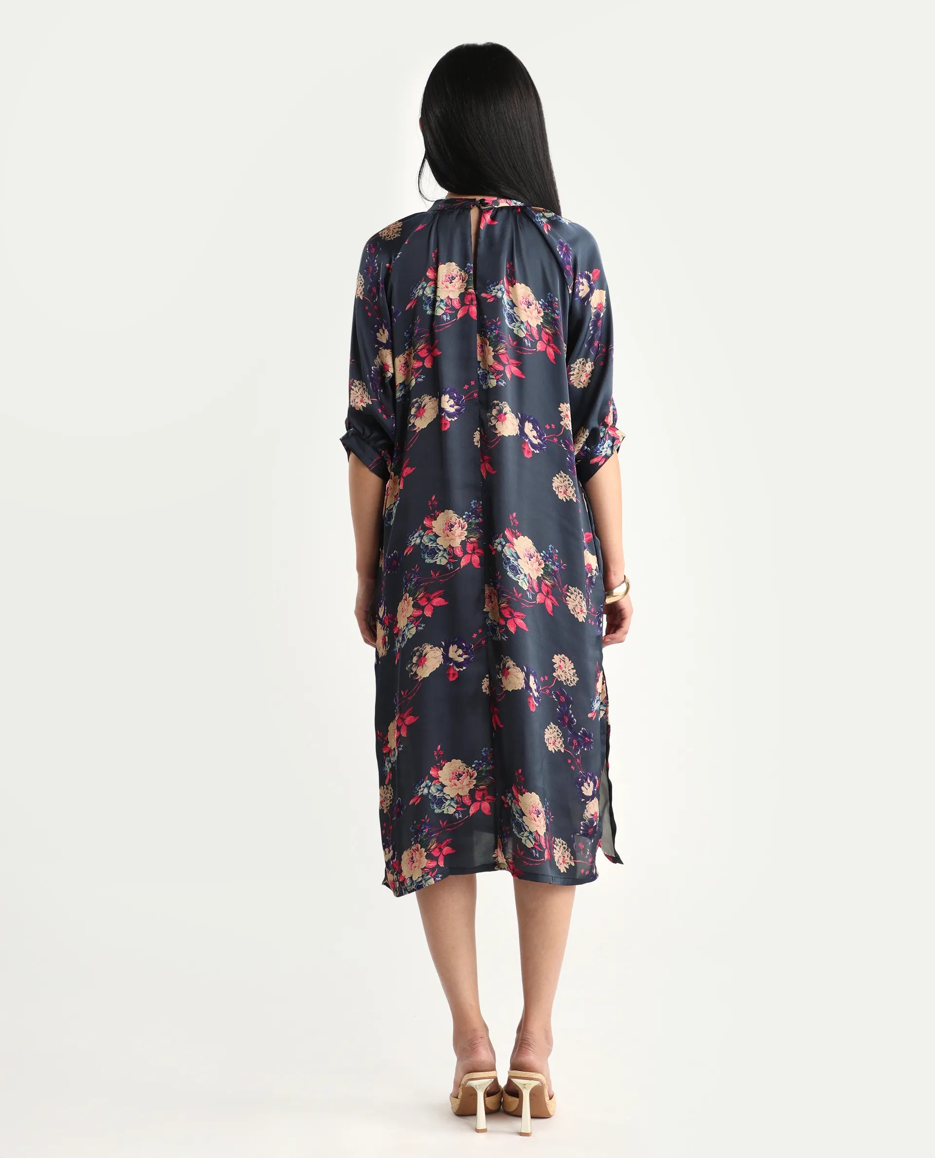 Rareism Women's Clem Navy Polyester High Neck Floral Print Volume Sleeve Knee Length Relaxed Fit Dress