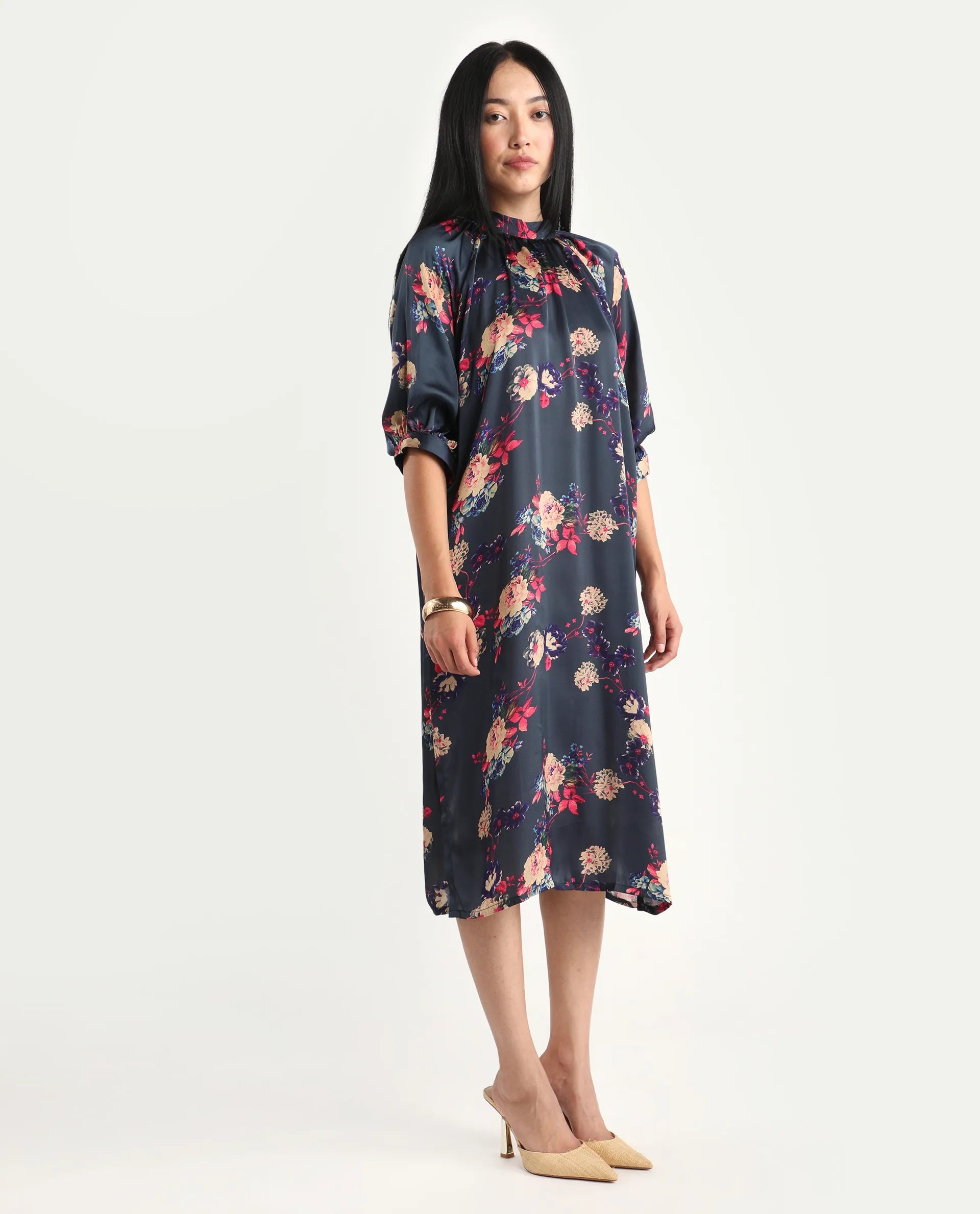 Rareism Women's Clem Navy Polyester High Neck Floral Print Volume Sleeve Knee Length Relaxed Fit Dress