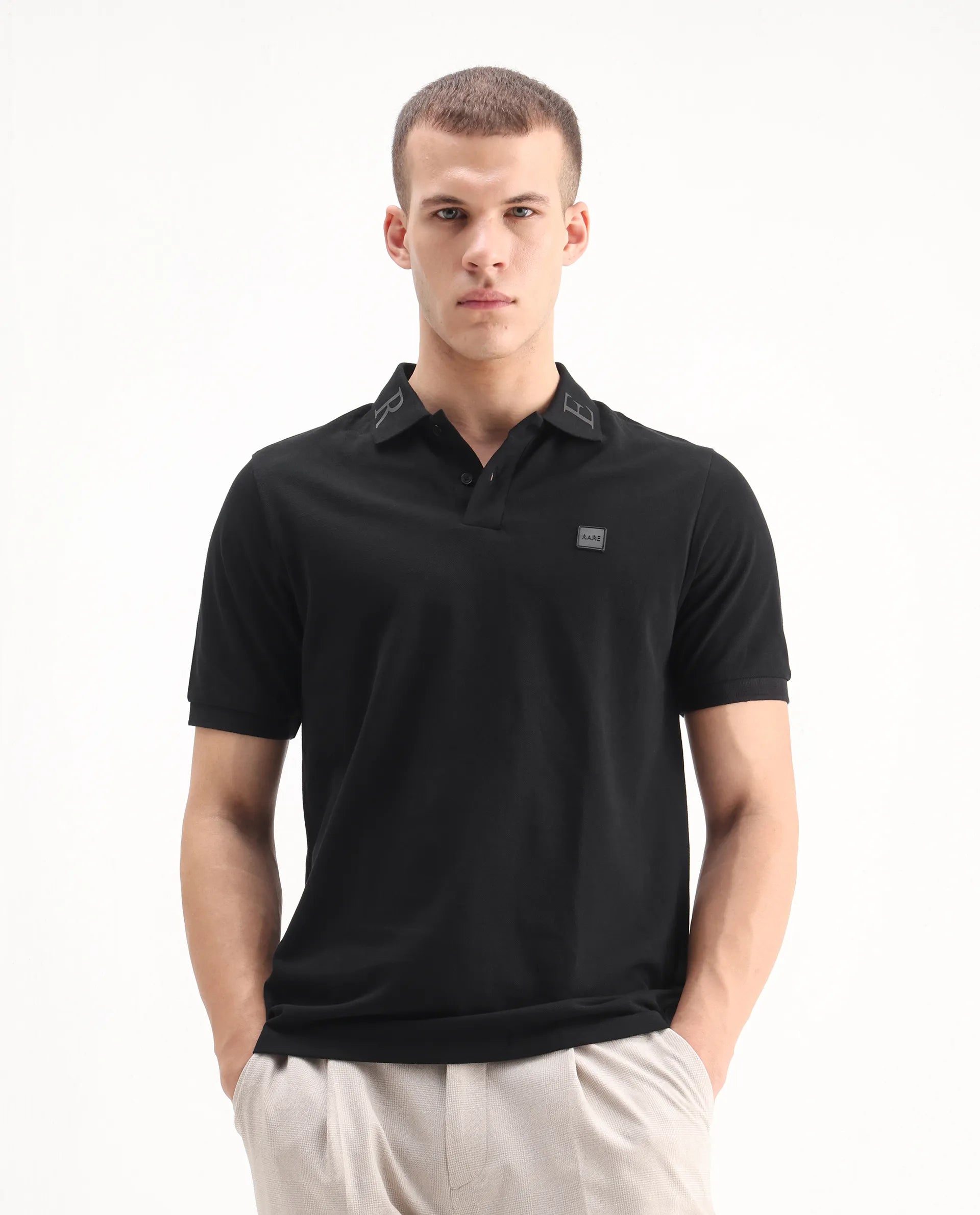 Rare Rabbit Men's Clif Black Cotton Plain Regular Fit Half Sleeve Polo