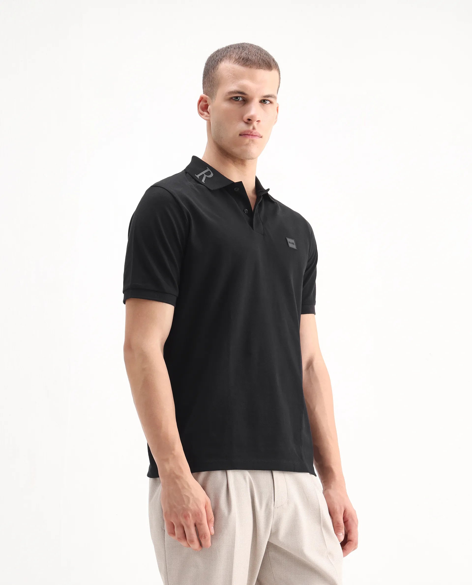 Rare Rabbit Men's Clif Black Cotton Plain Regular Fit Half Sleeve Polo