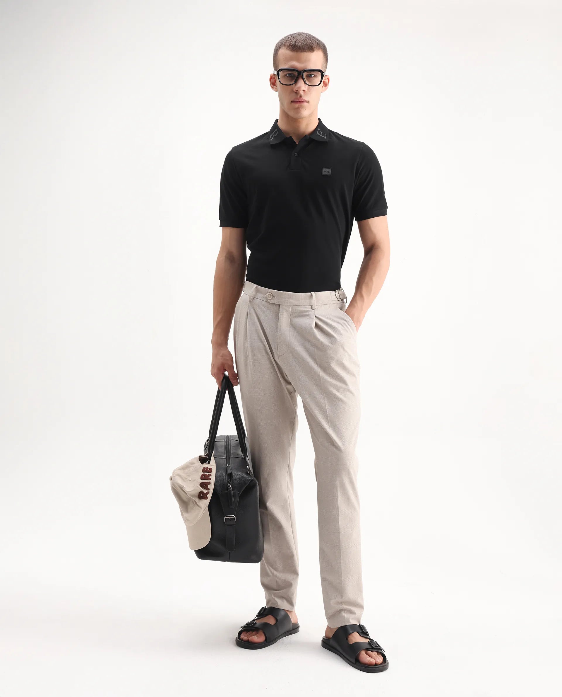 Rare Rabbit Men's Clif Black Cotton Plain Regular Fit Half Sleeve Polo