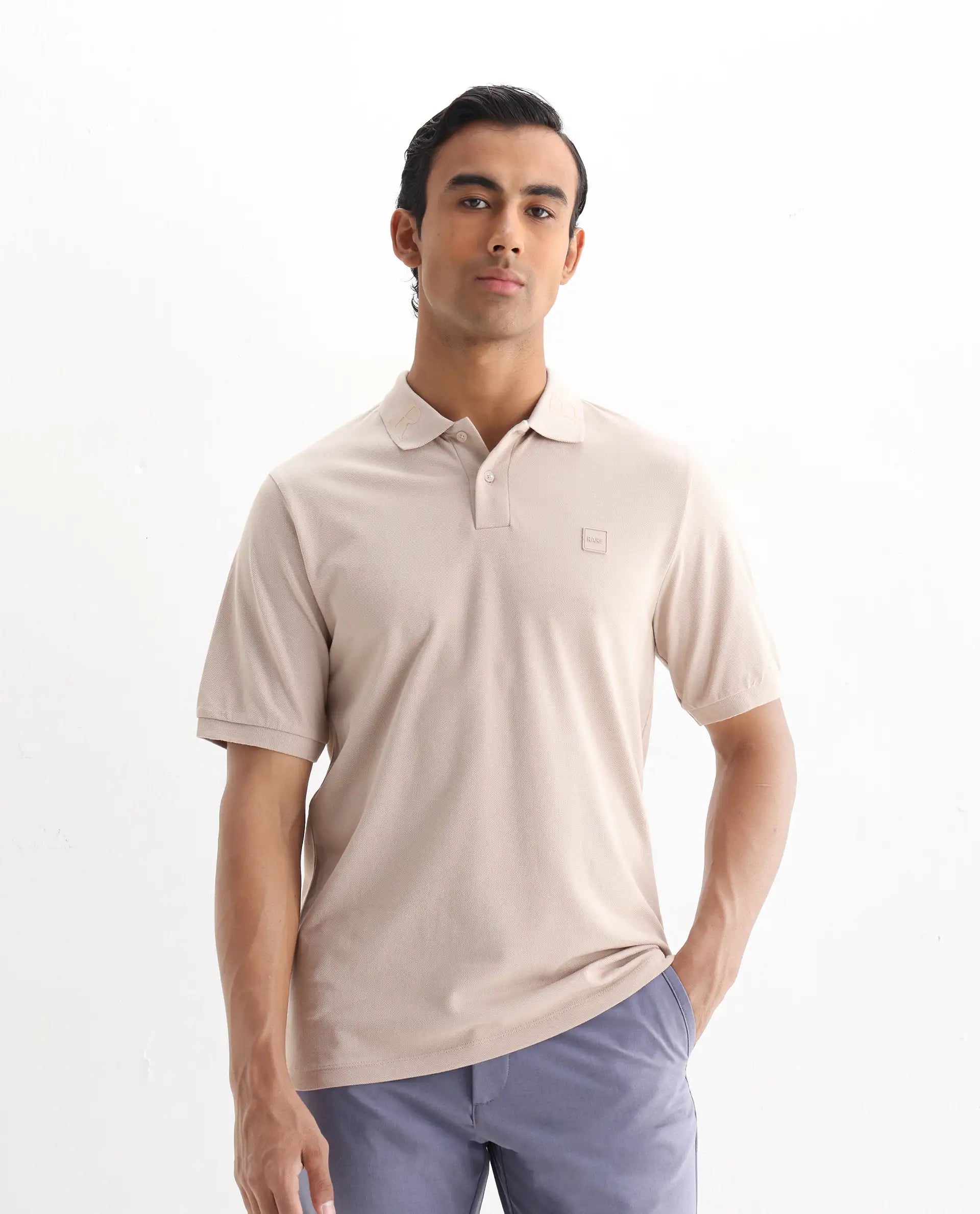 Rare Rabbit Men's Clif Dusky Beige Cotton Plain Regular Fit Half Sleeve Polo