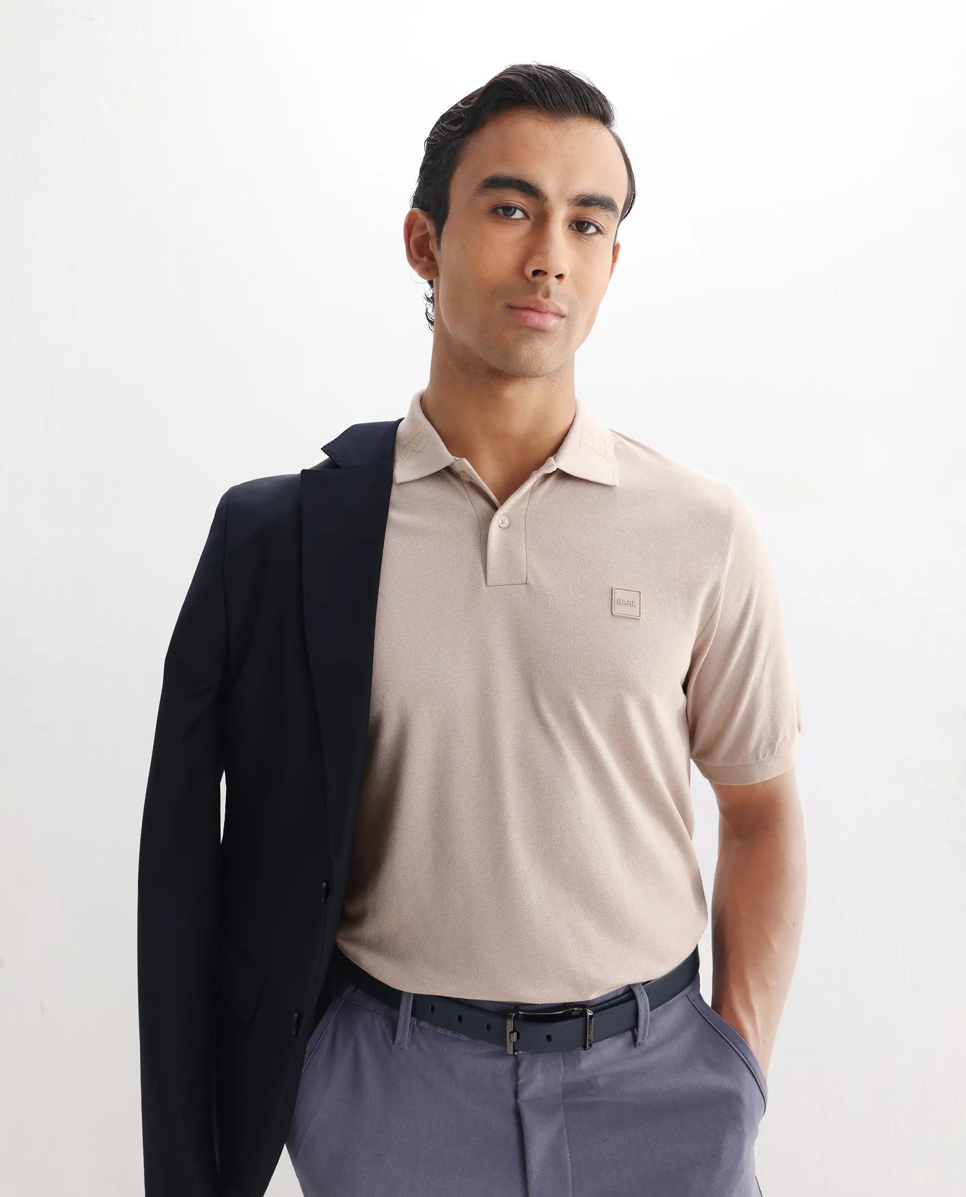 Rare Rabbit Men's Clif Dusky Beige Cotton Plain Regular Fit Half Sleeve Polo