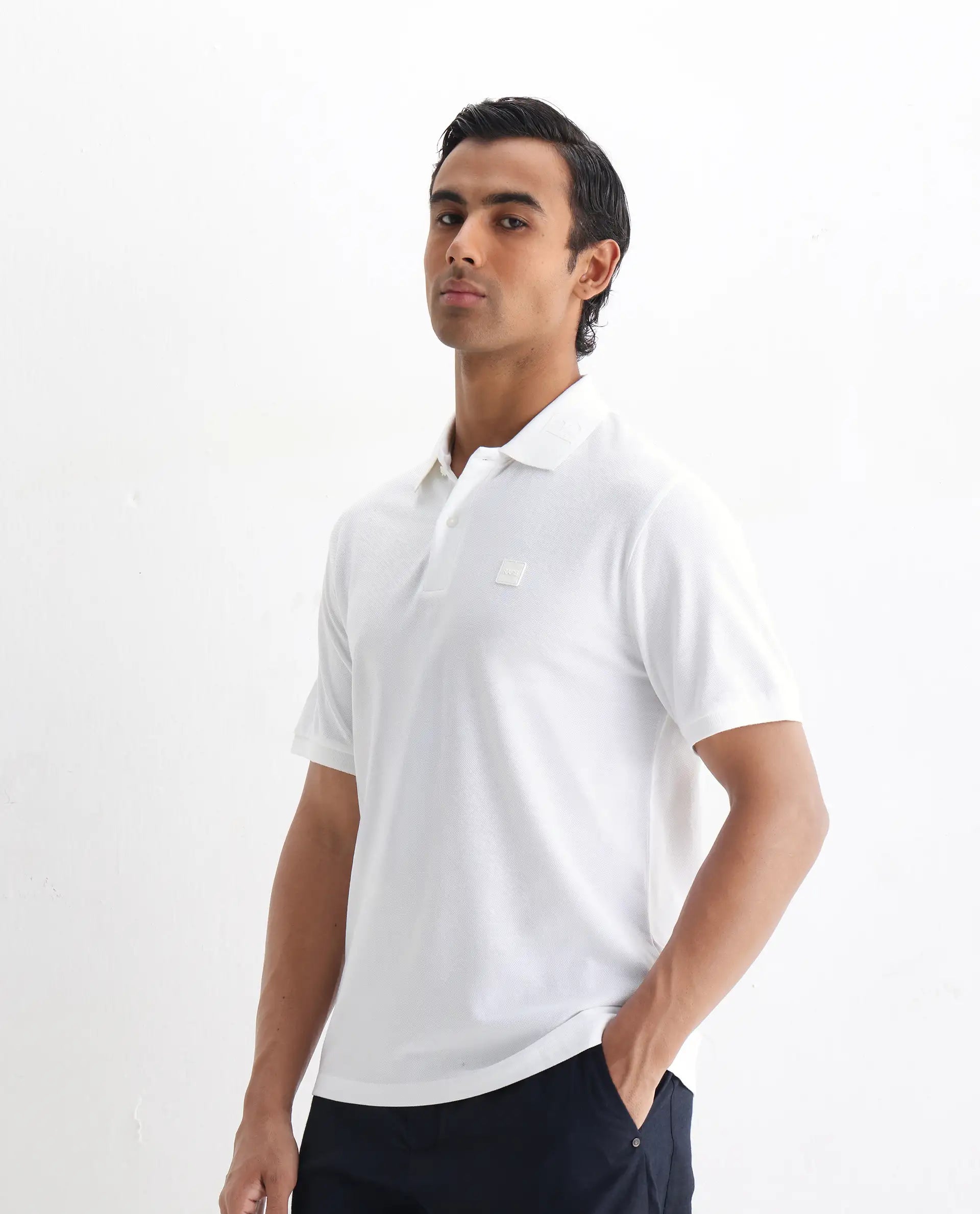 Rare Rabbit Men's Clif White Cotton Plain Regular Fit Half Sleeve Polo