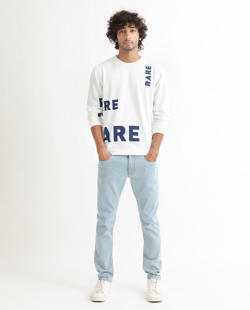Rare Rabbit Men's Cloviss White Cotton Polyester Fabric Full Sleeves Graphic Statement Print Sweatshirt