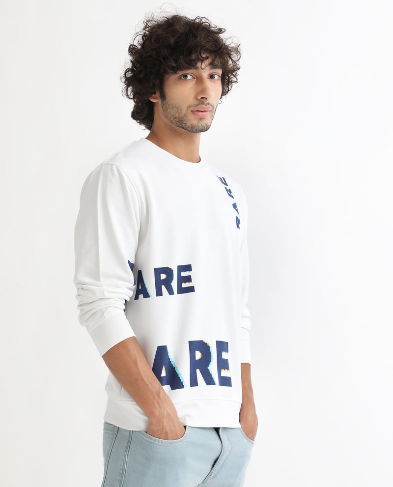 Rare Rabbit Men's Cloviss White Cotton Polyester Fabric Full Sleeves Graphic Statement Print Sweatshirt