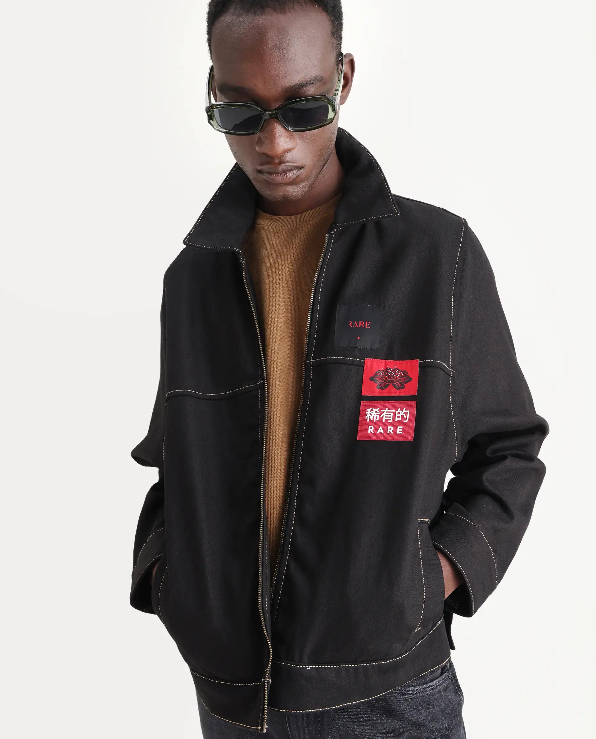 Rare Rabbit Men's Clovix Black Cotton Label Print Regular Fit Full Sleeve Spread Collar Jacket