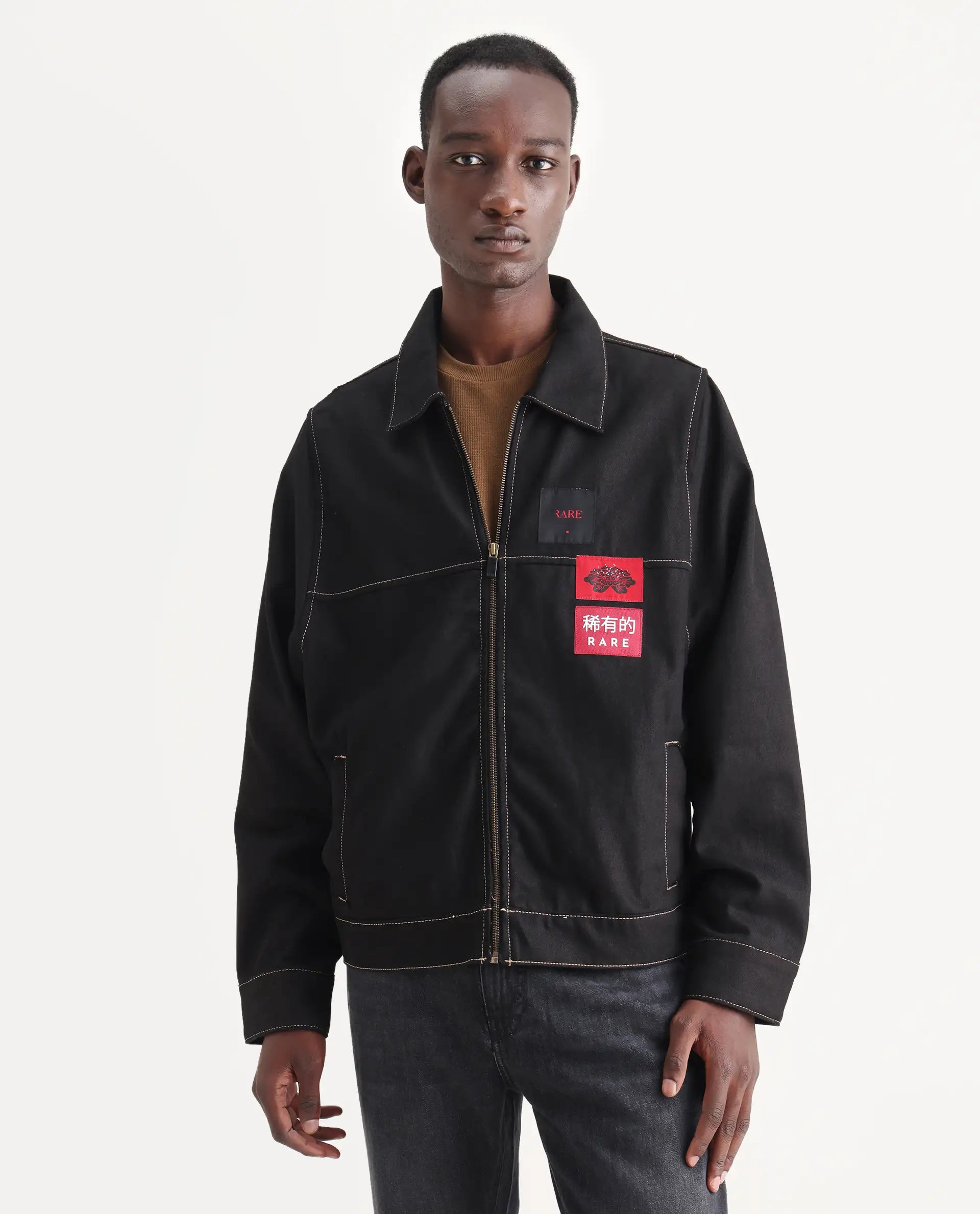 Rare Rabbit Men's Clovix Black Cotton Label Print Regular Fit Full Sleeve Spread Collar Jacket