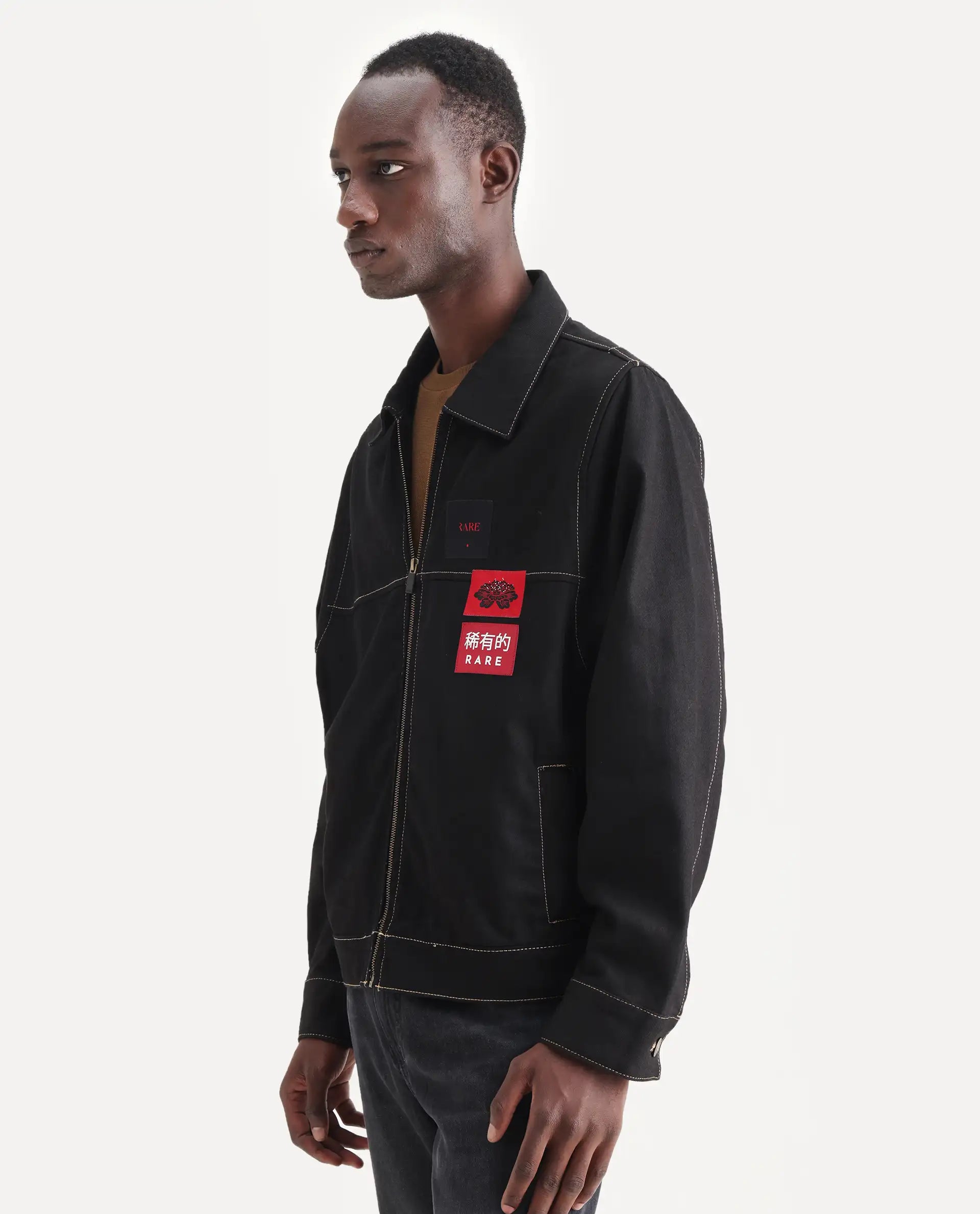 Rare Rabbit Men's Clovix Black Cotton Label Print Regular Fit Full Sleeve Spread Collar Jacket