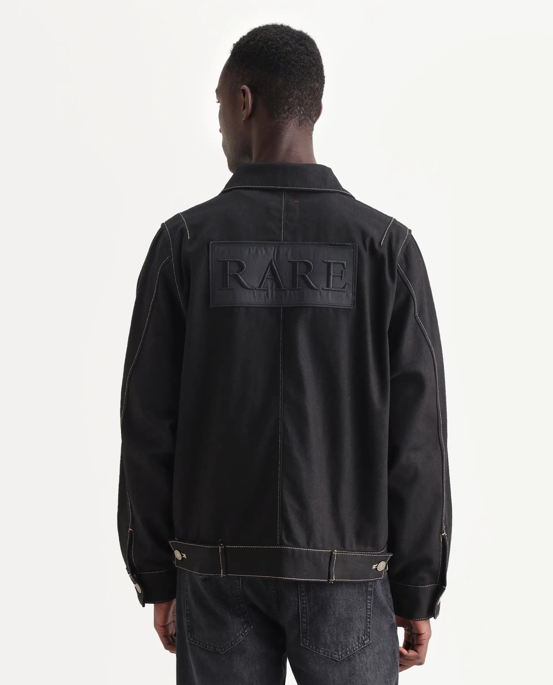 Rare Rabbit Men's Clovix Black Cotton Label Print Regular Fit Full Sleeve Spread Collar Jacket