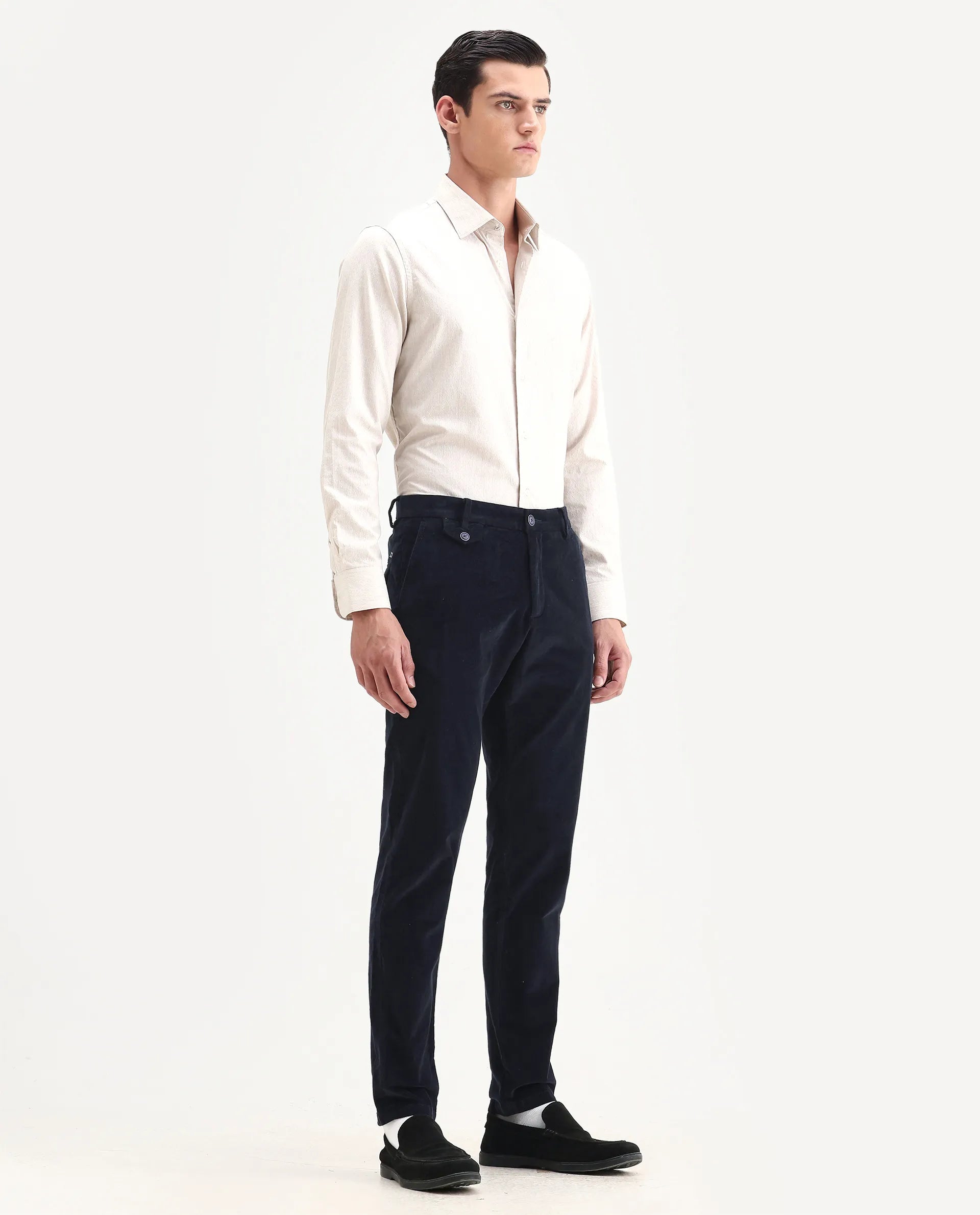 Rare Rabbit Men's Cloy Navy Cotton Plain Regular Fit Trouser