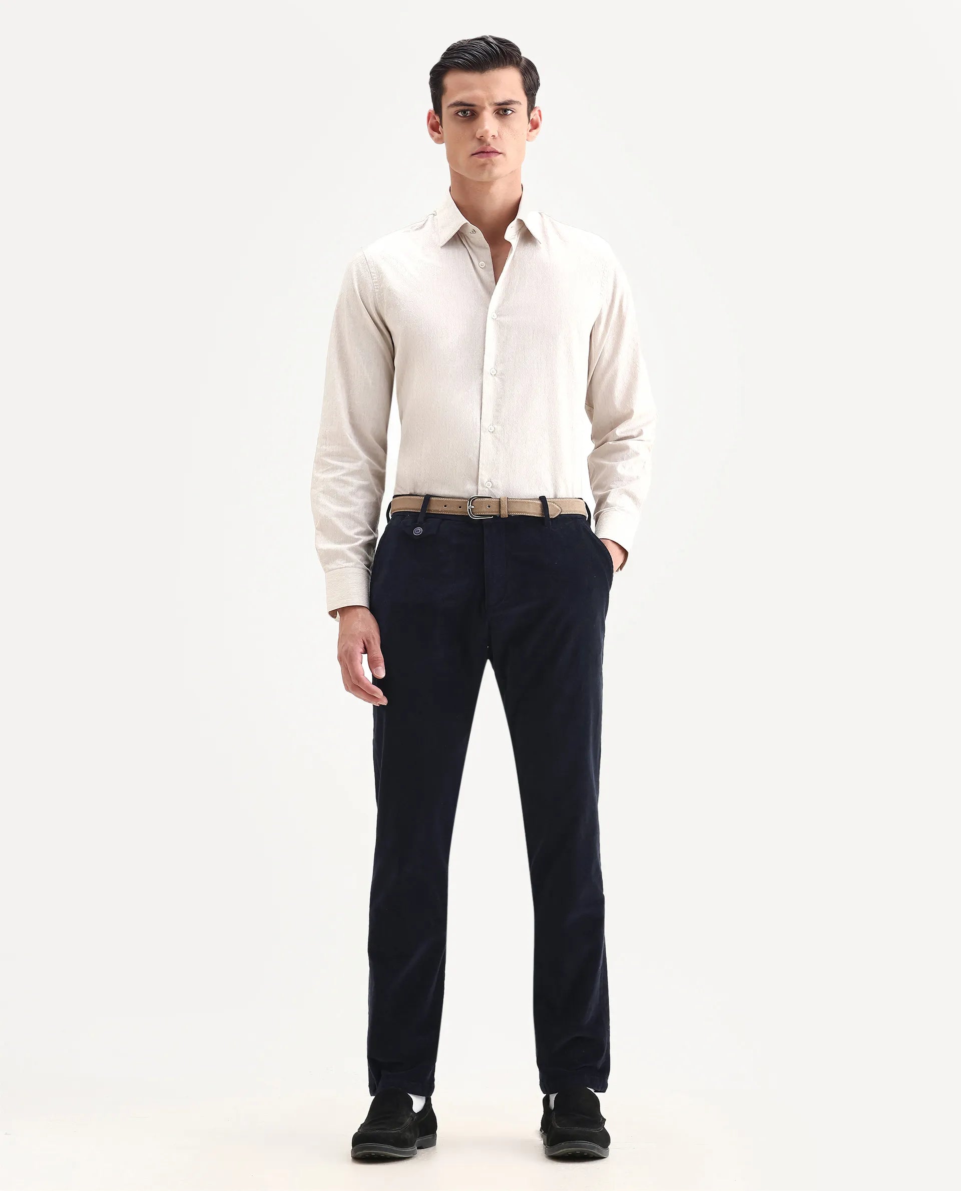 Rare Rabbit Men's Cloy Navy Cotton Plain Regular Fit Trouser