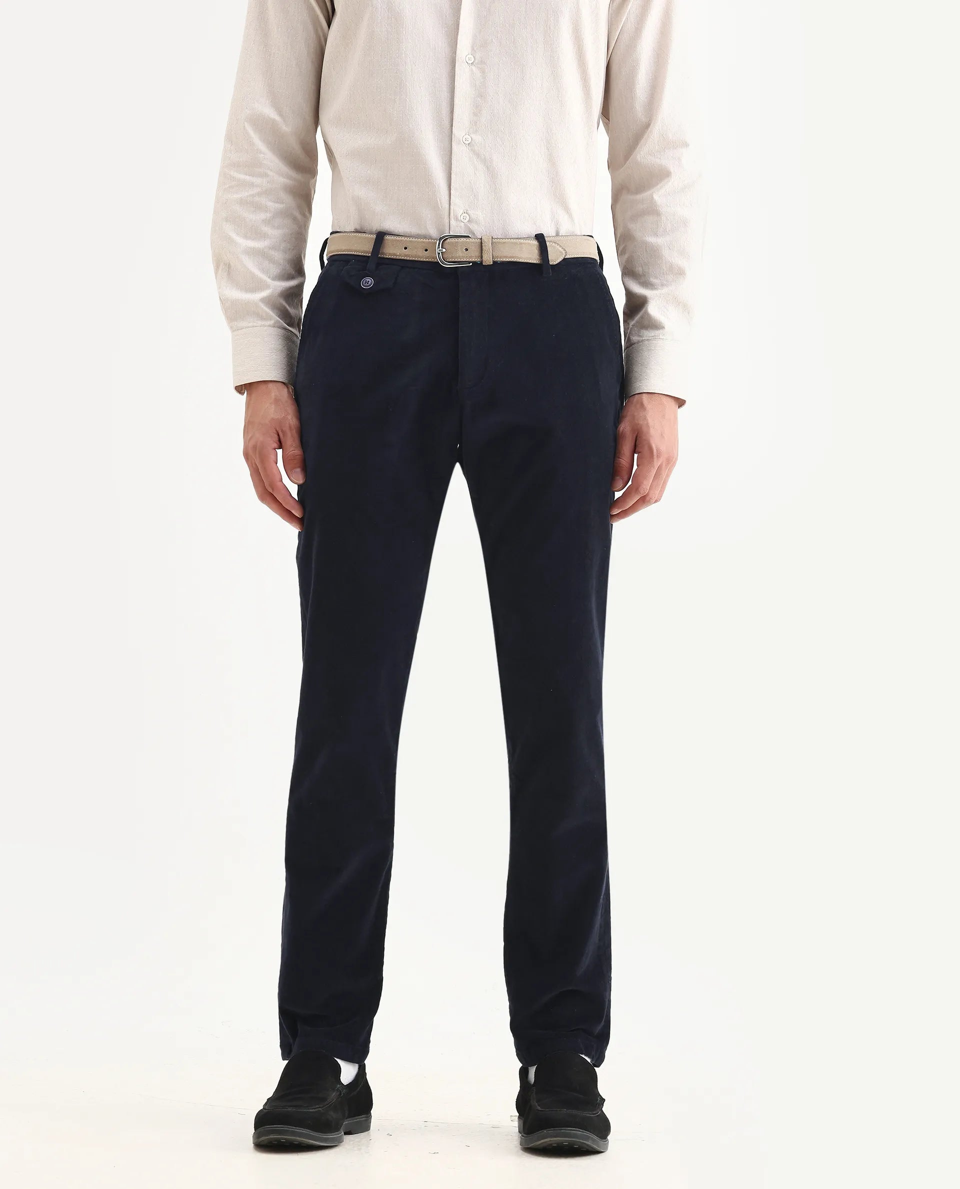Rare Rabbit Men's Cloy Navy Cotton Plain Regular Fit Trouser