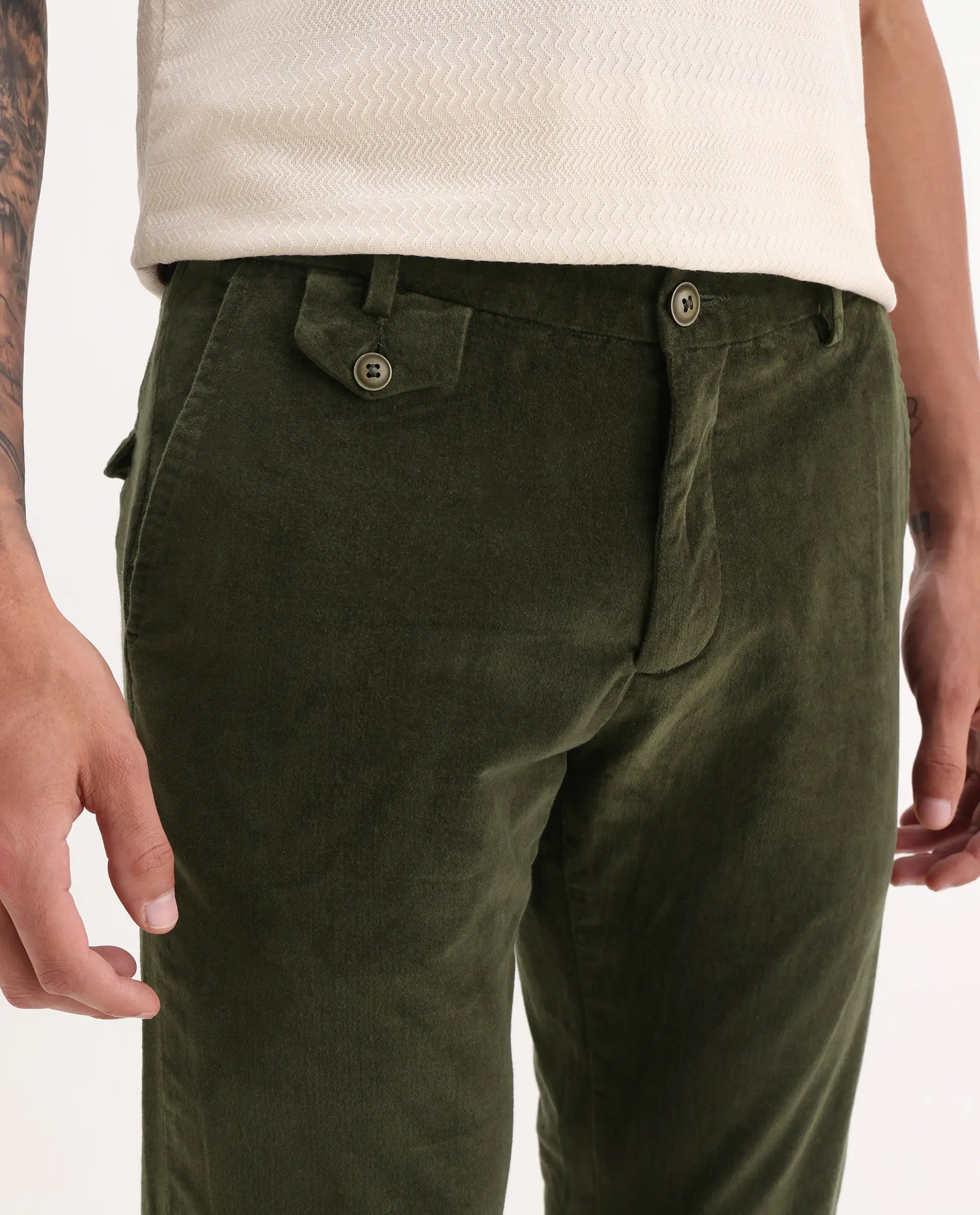 Rare Rabbit Men's Cloy Olive Cotton Plain Regular Fit Trouser
