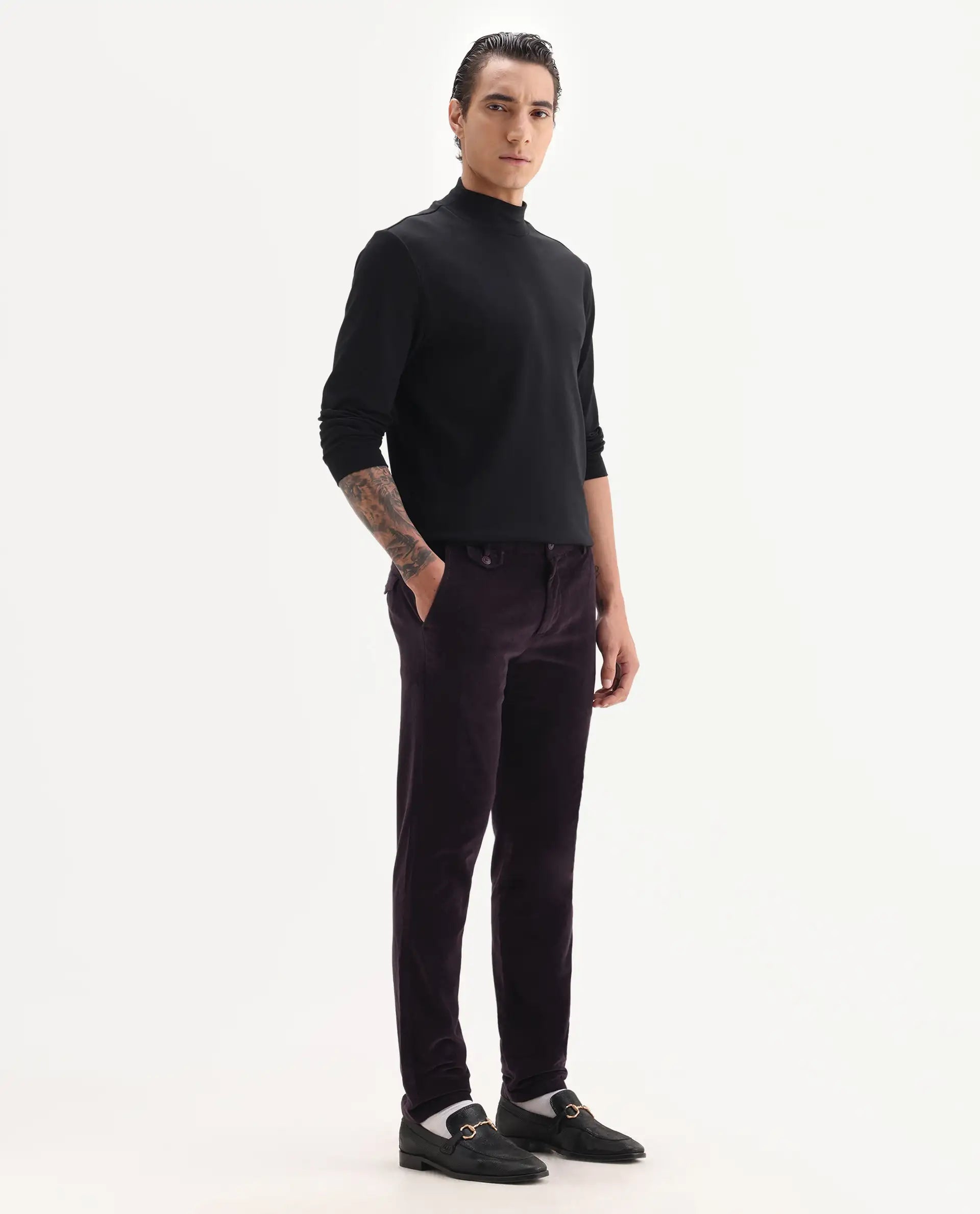 Rare Rabbit Men's Cloy Purple Cotton Plain Regular Fit Trouser