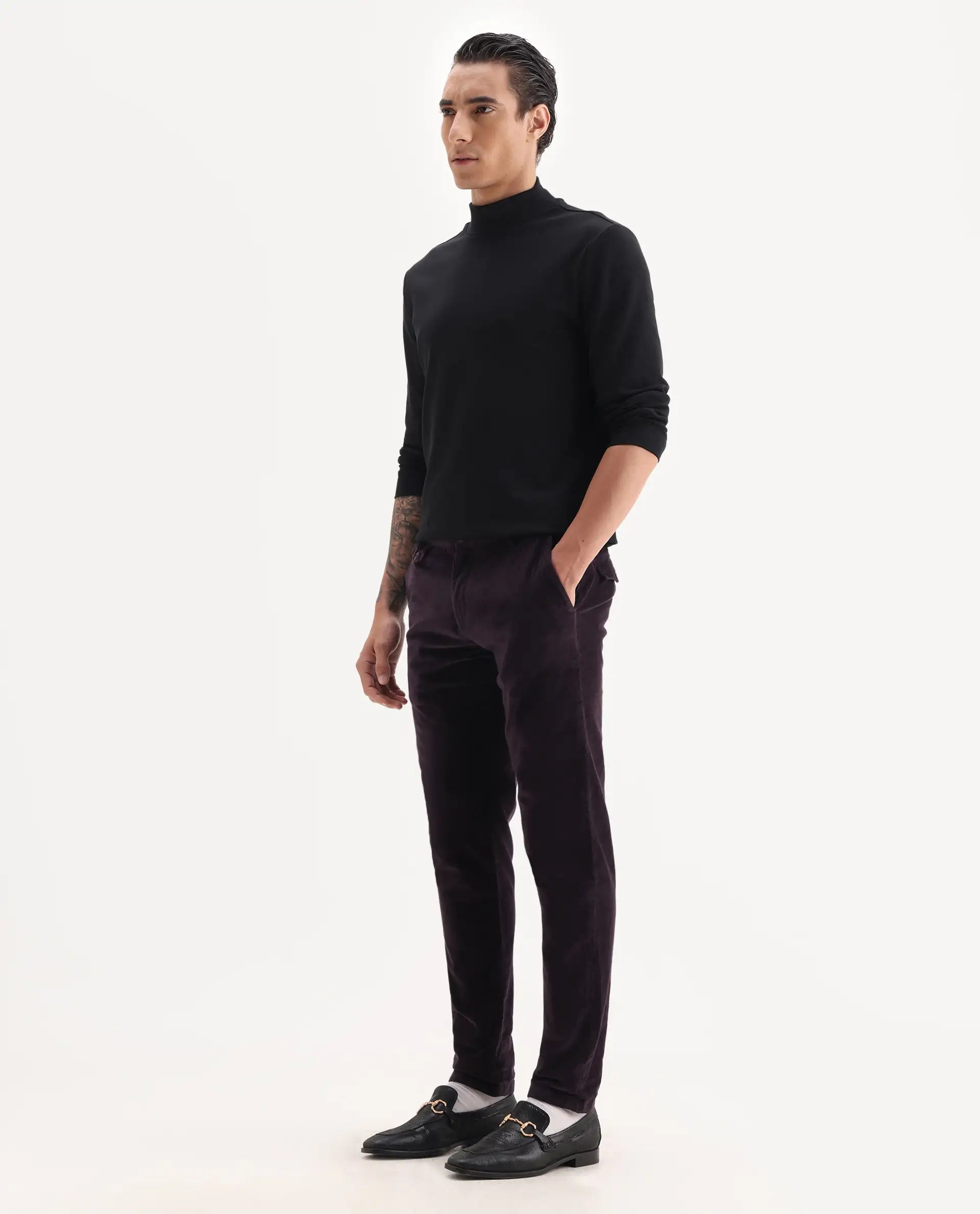 Rare Rabbit Men's Cloy Purple Cotton Plain Regular Fit Trouser