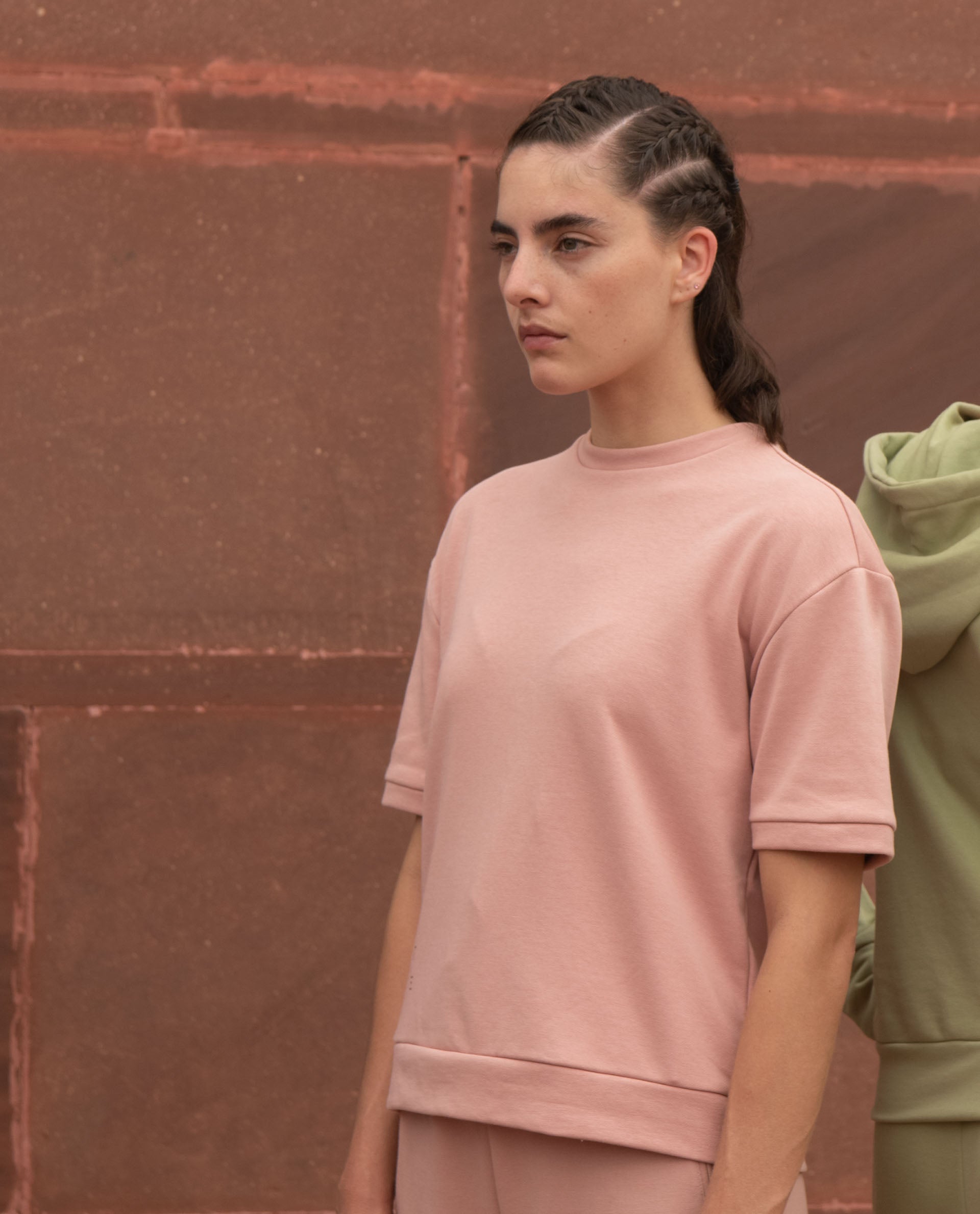 Rareism Women Coco Dusky Pink Cotton Fabric Half Sleeves Relaxed Fit Solid Round Neck Sweat Tee