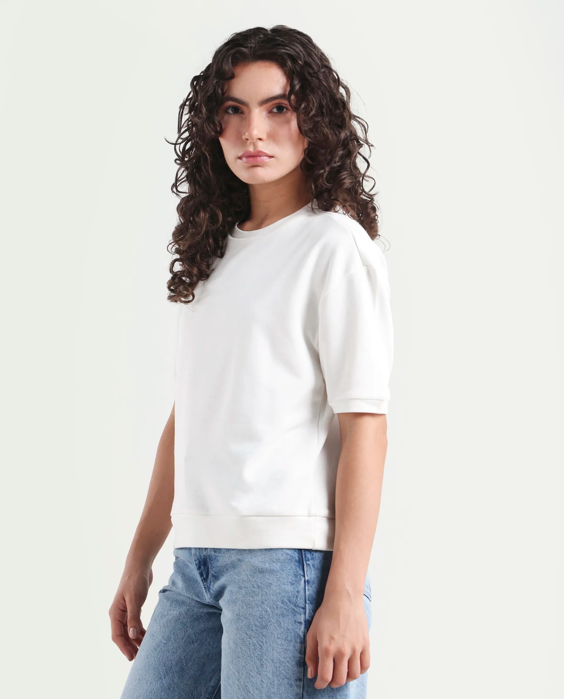 Rareism Women's Medium Weight Terry 290 Gsm Cotton Crew Neck Plain Relaxed Fit Sweat Tee