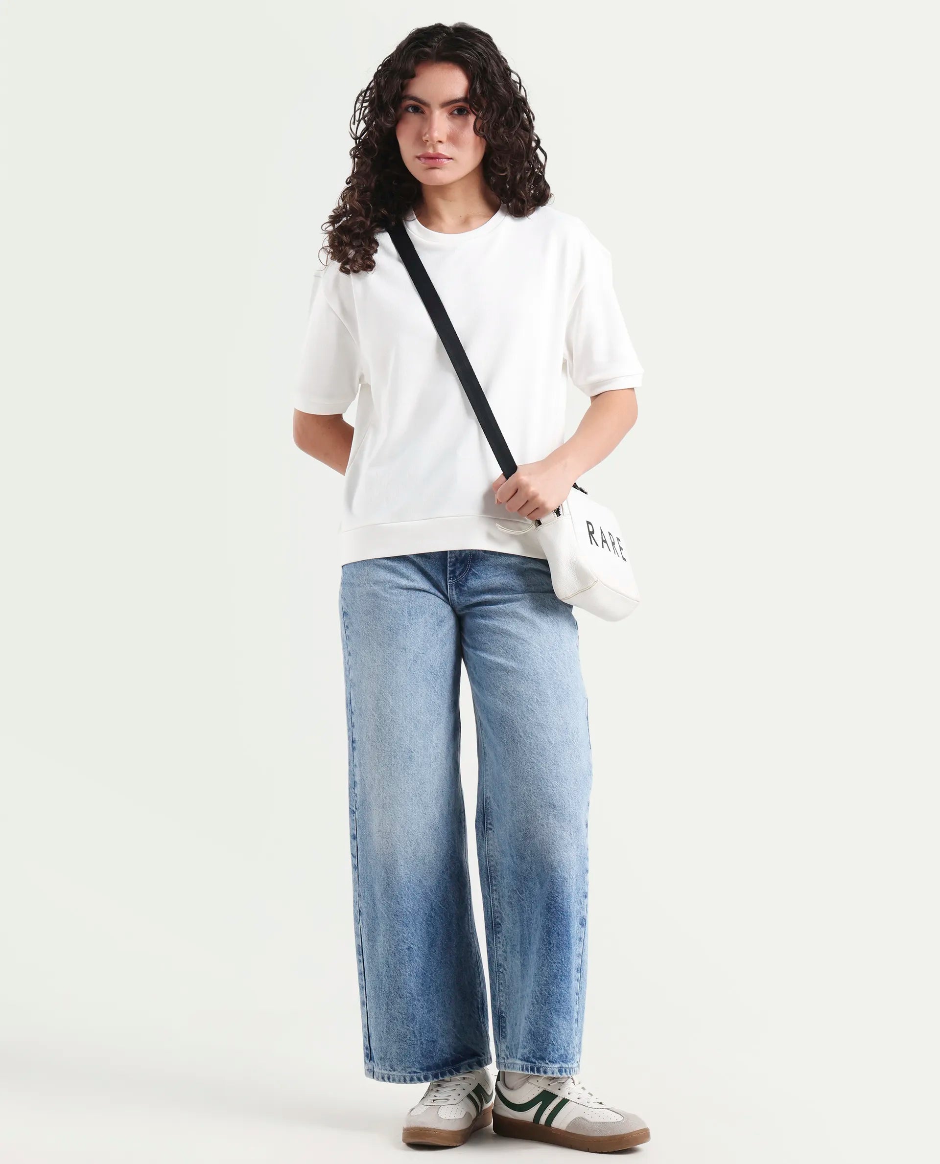 Rareism Women's Medium Weight Terry 290 Gsm Cotton Crew Neck Plain Relaxed Fit Sweat Tee