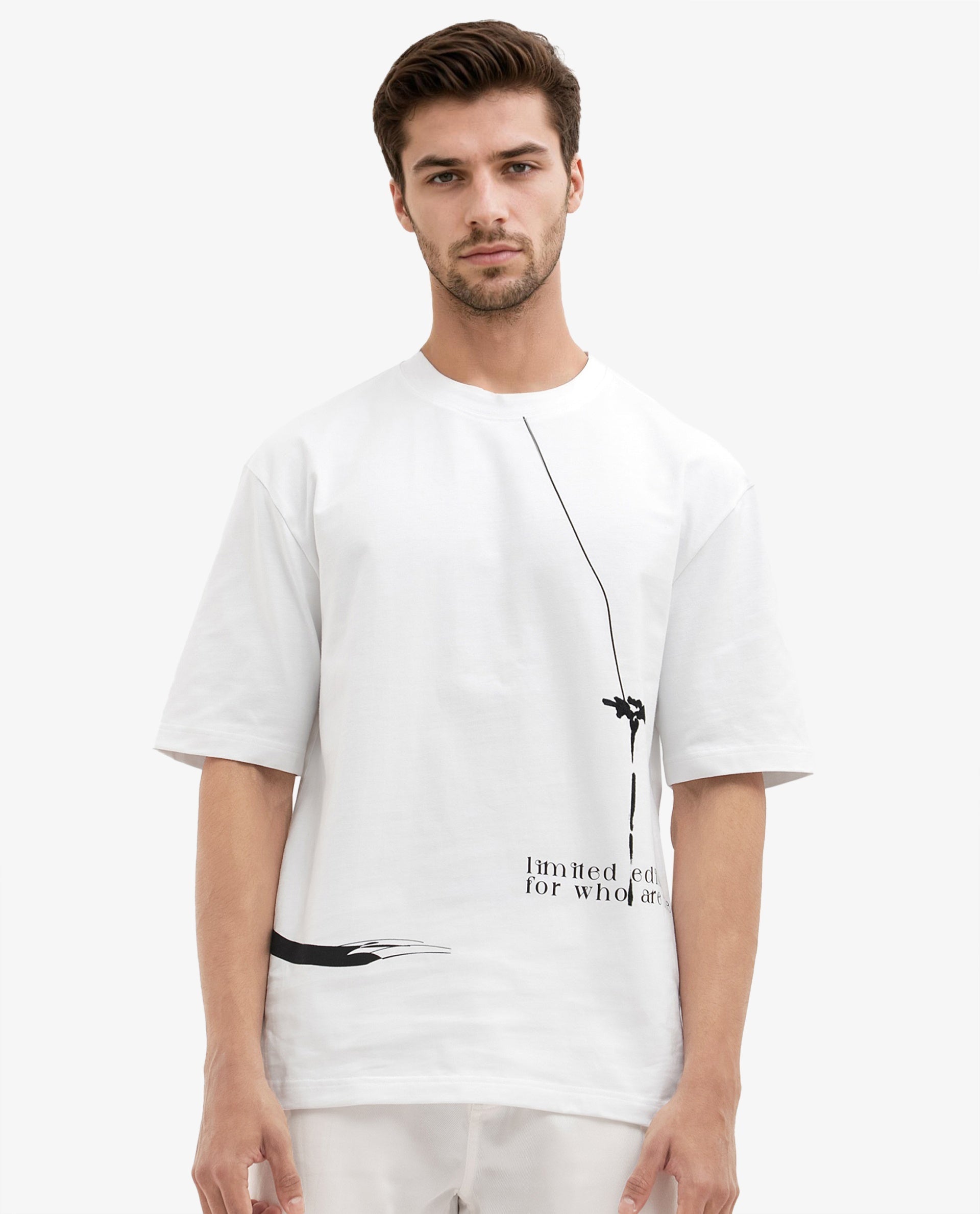 Rare Rabbit Articale Men's Cody White Cotton Fabric Crew Neck Oversized Fit Graphic Print T-Shirt