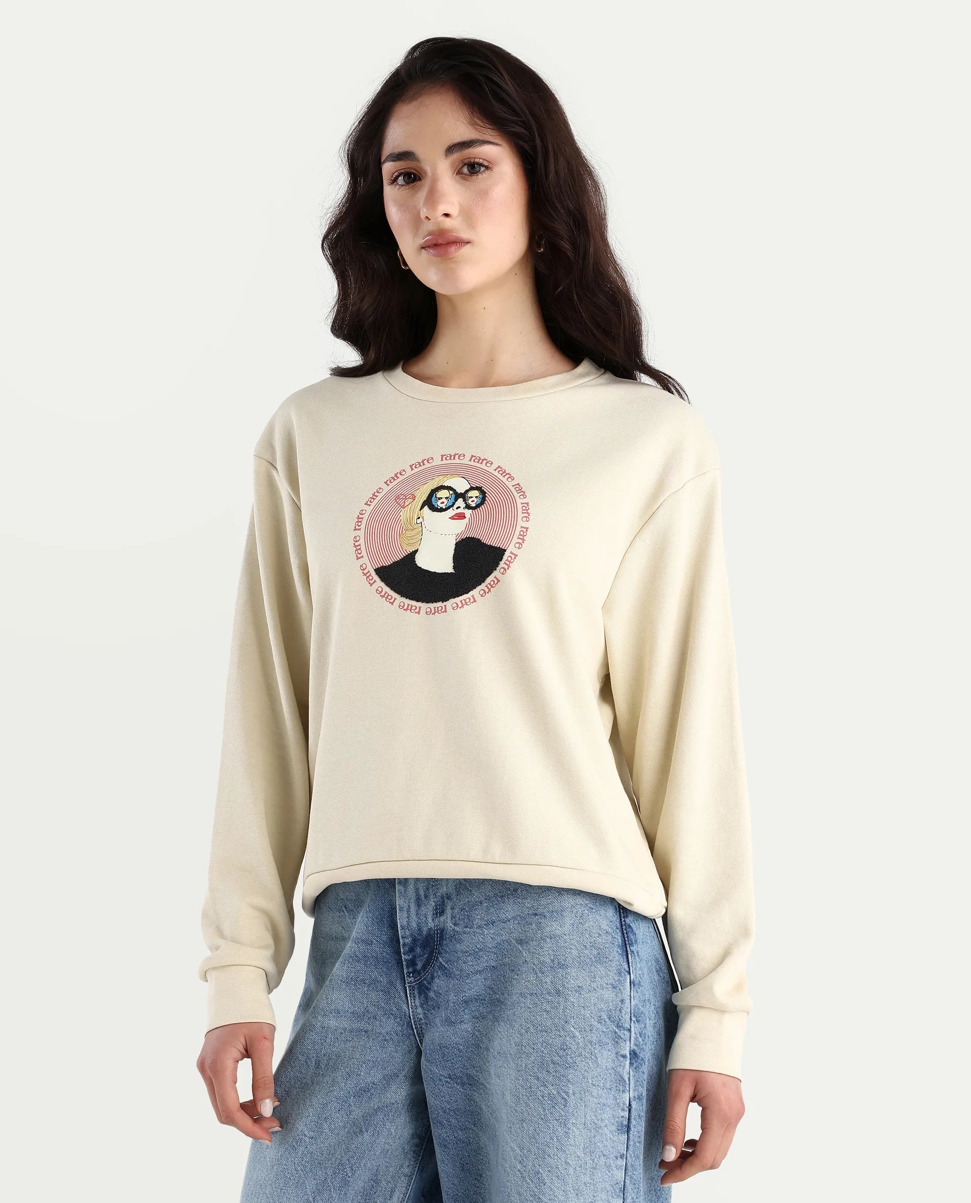 Rareism Women's Colad Beige Cotton Blend Crew Neck Graphic Print Relaxed Fit Sweatshirt