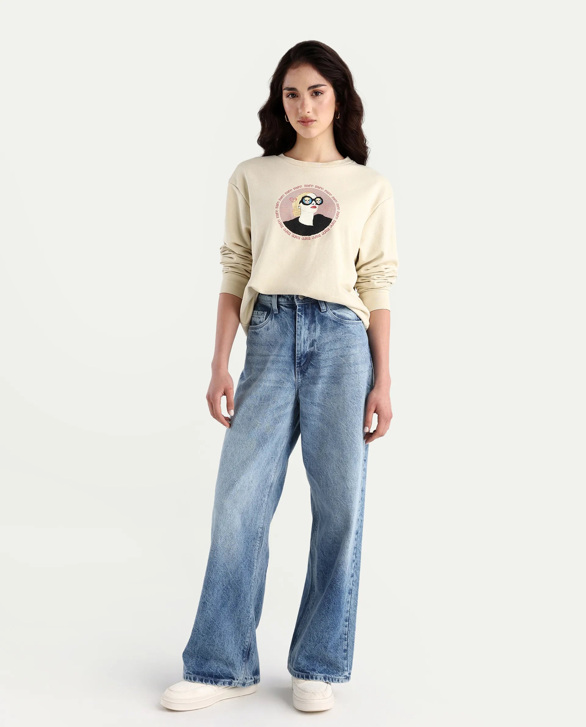 Rareism Women's Colad Beige Cotton Blend Crew Neck Graphic Print Relaxed Fit Sweatshirt