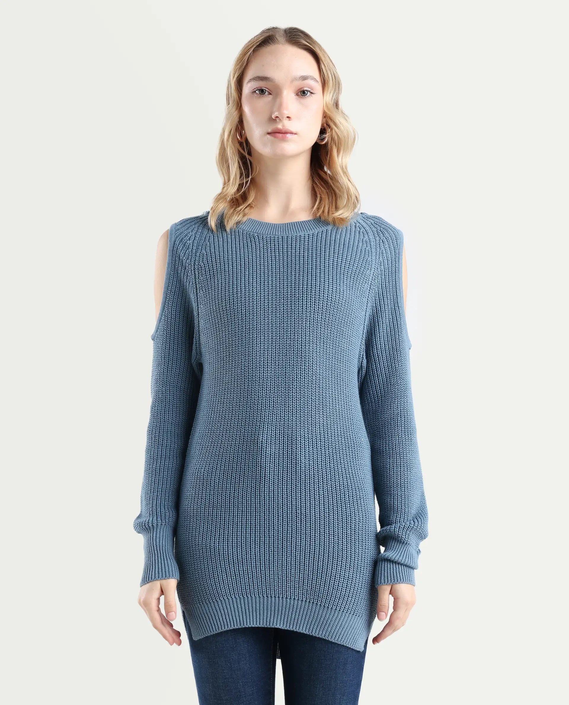 Rareism Women's Cold Navy Cotton Boat Neck Plain Slim Fit Sweater