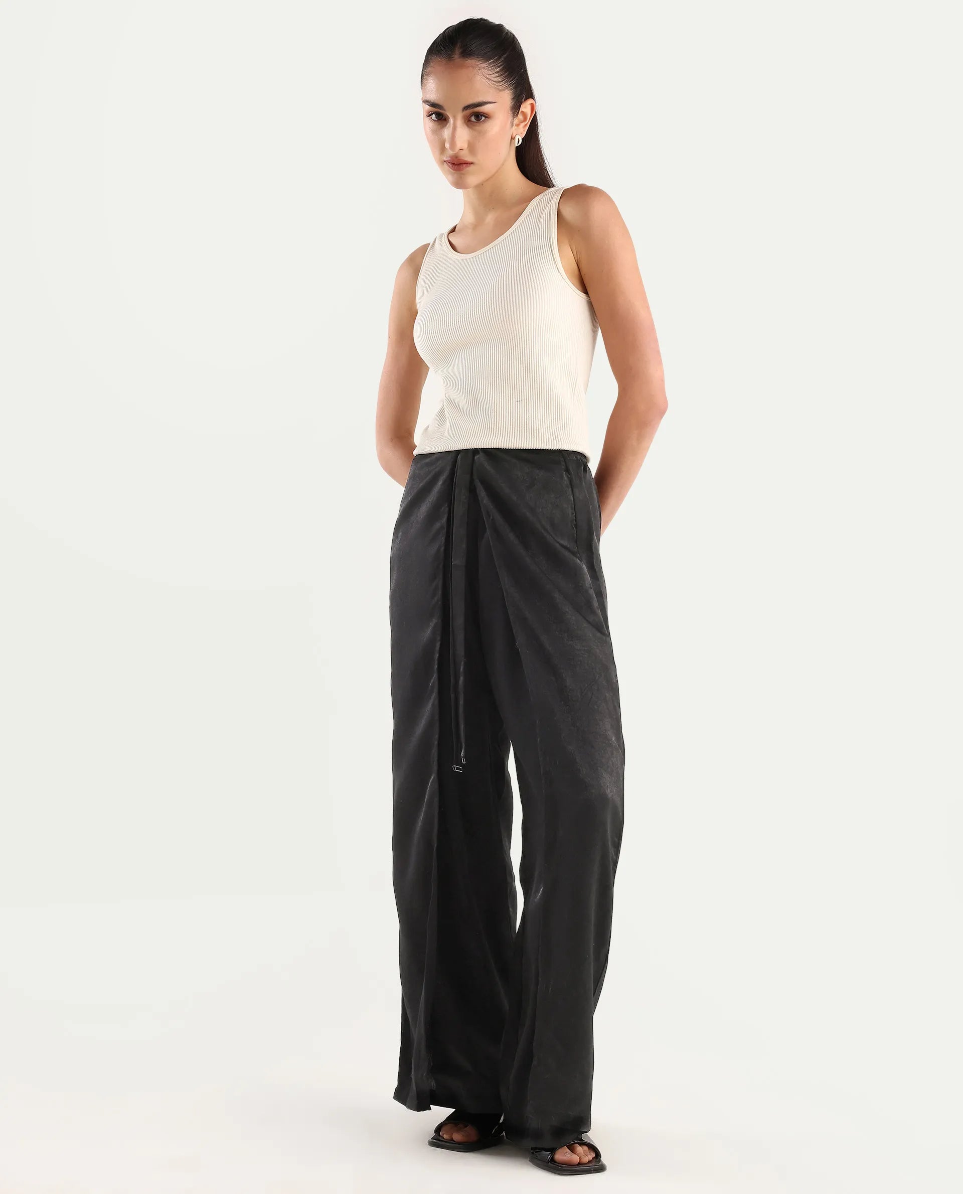 Rareism Women's Colet Black Polyester Plain Ankle Length Wide Trouser