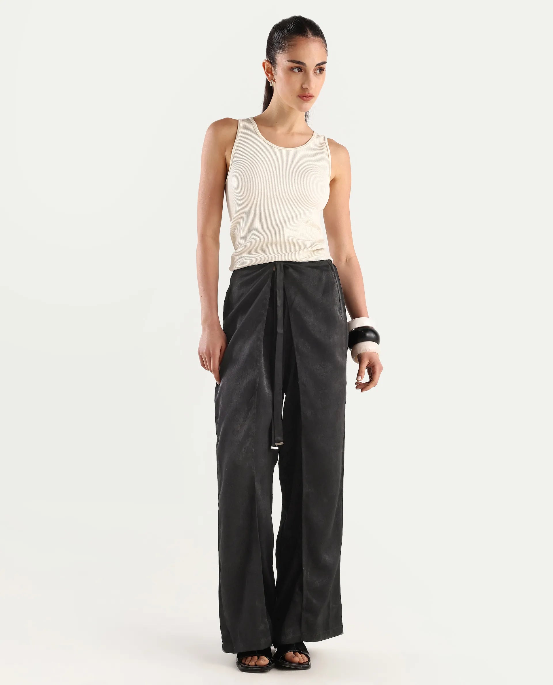 Rareism Women's Colet Black Polyester Plain Ankle Length Wide Trouser