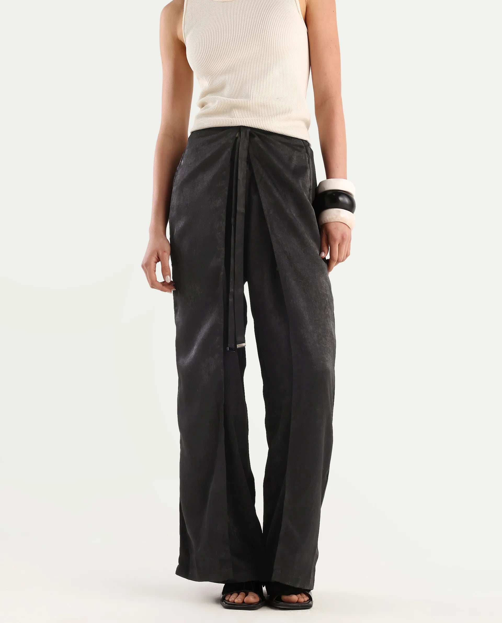 Rareism Women's Colet Black Polyester Plain Ankle Length Wide Trouser