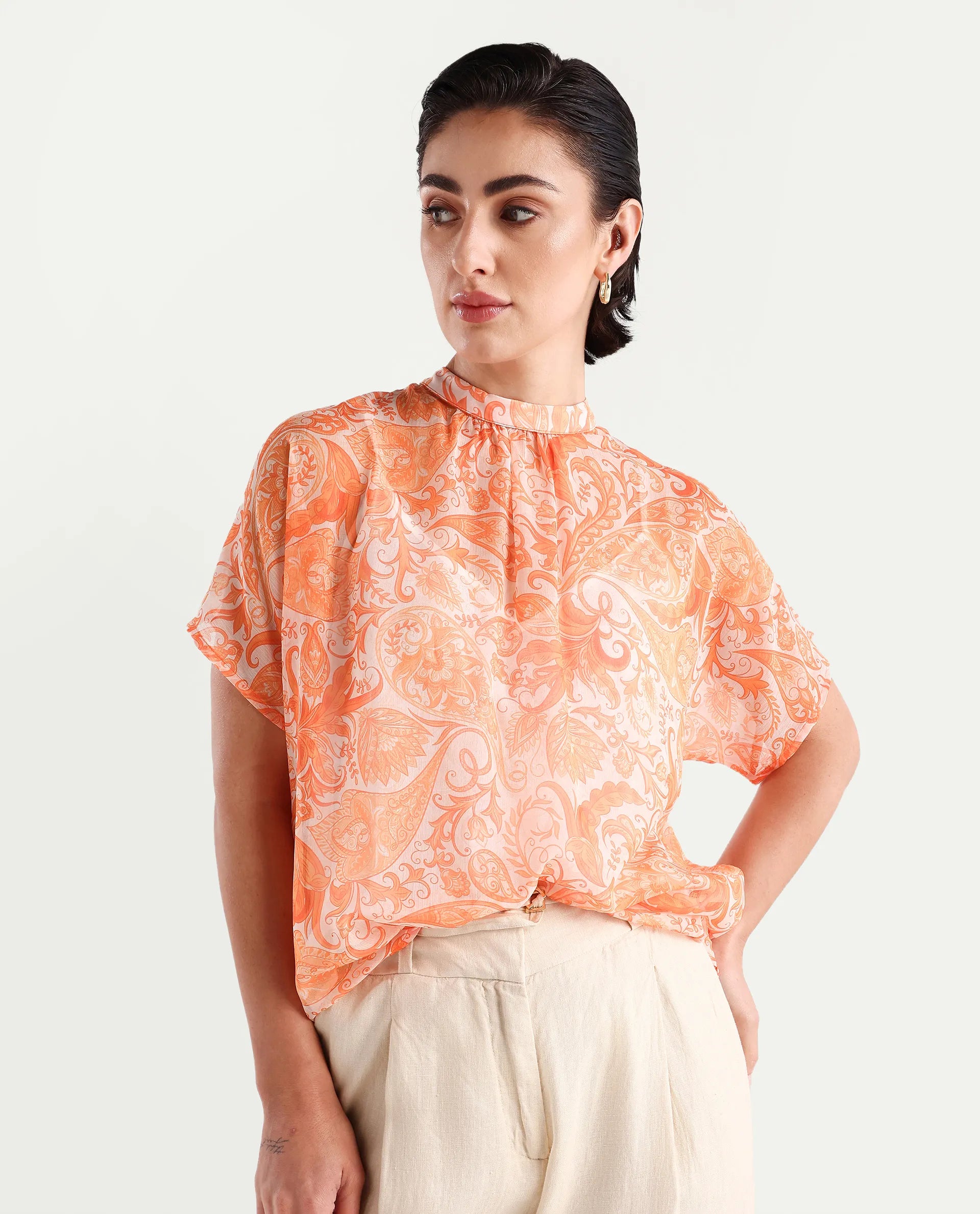 Rareism Women's Collen Orange Polyester High Neck Abstract Print Regular Fit Top