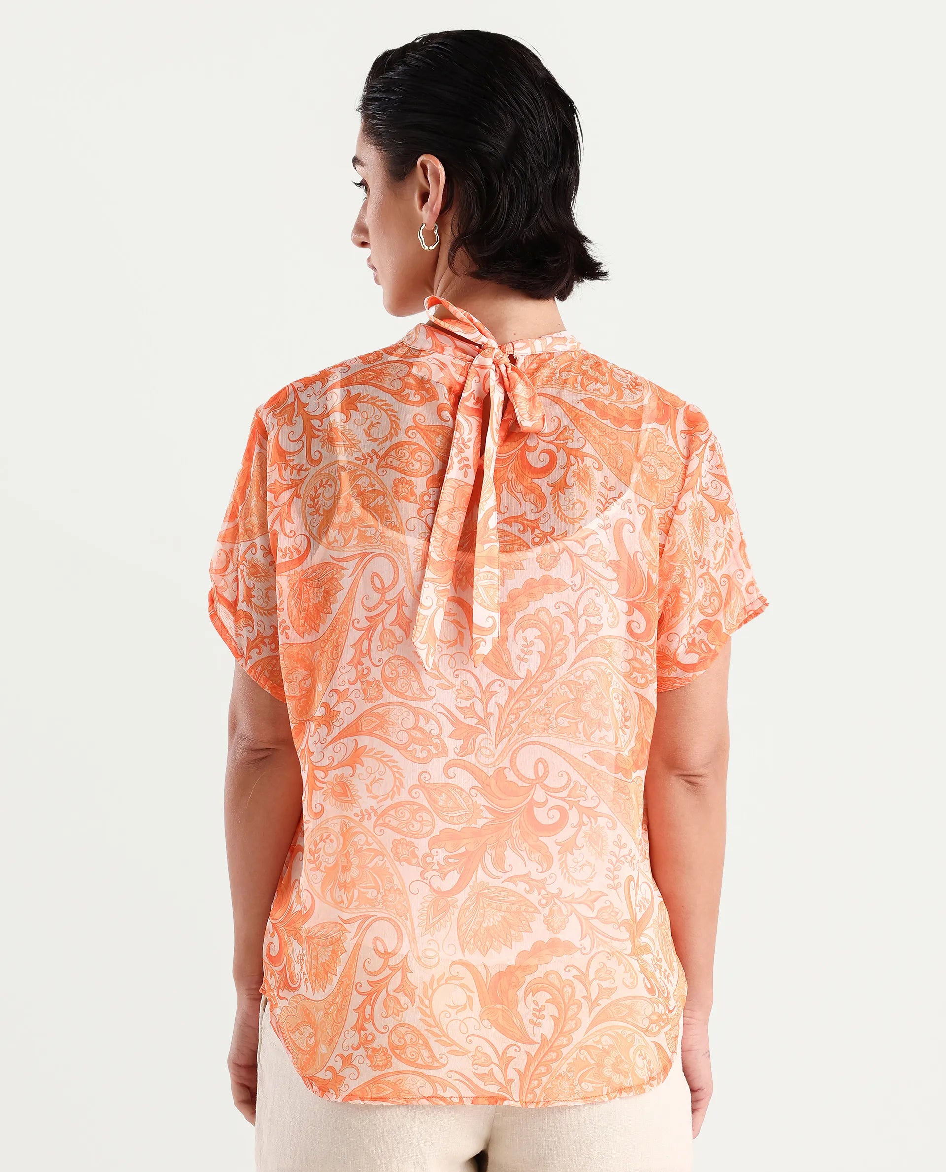 Rareism Women's Collen Orange Polyester High Neck Abstract Print Regular Fit Top