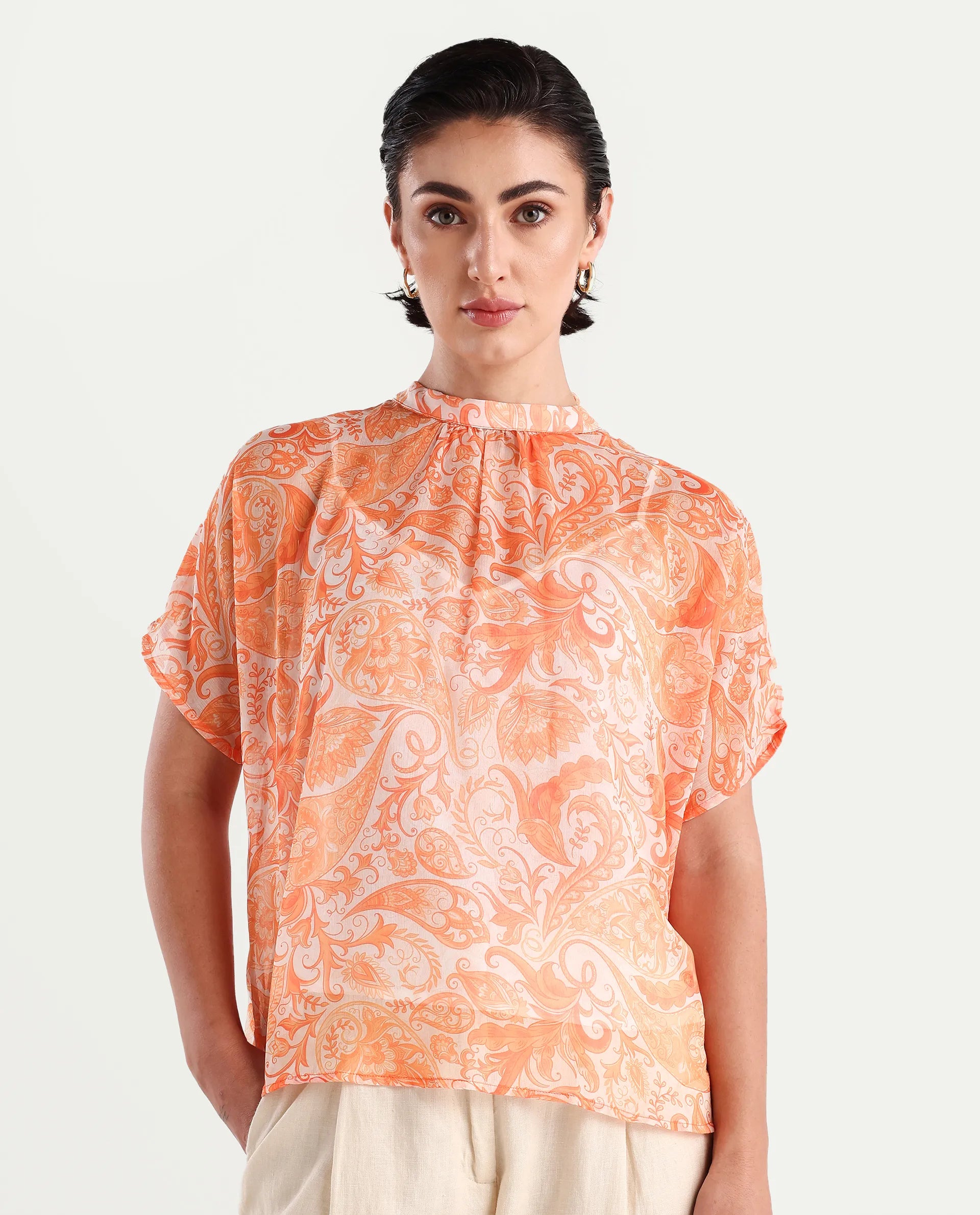 Rareism Women's Collen Orange Polyester High Neck Abstract Print Regular Fit Top