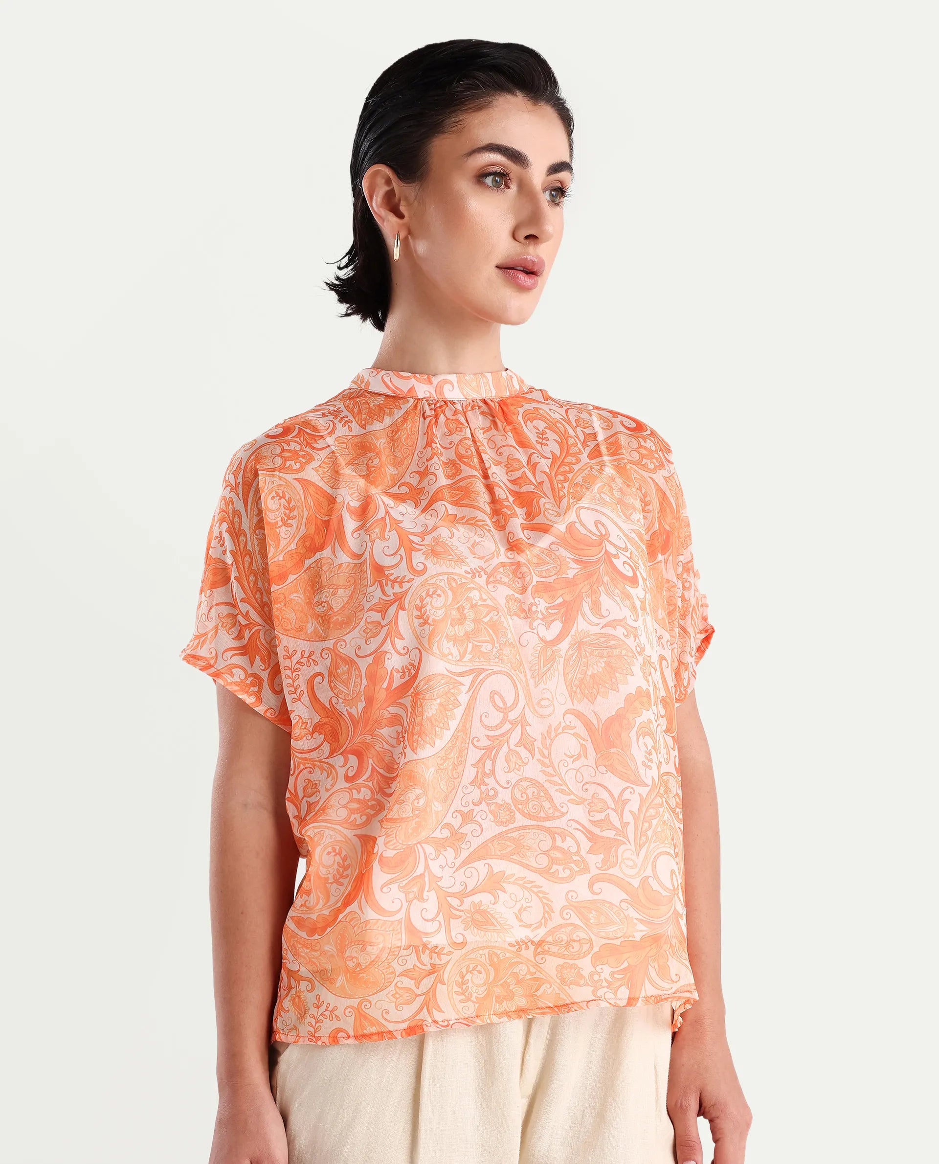 Rareism Women's Collen Orange Polyester High Neck Abstract Print Regular Fit Top