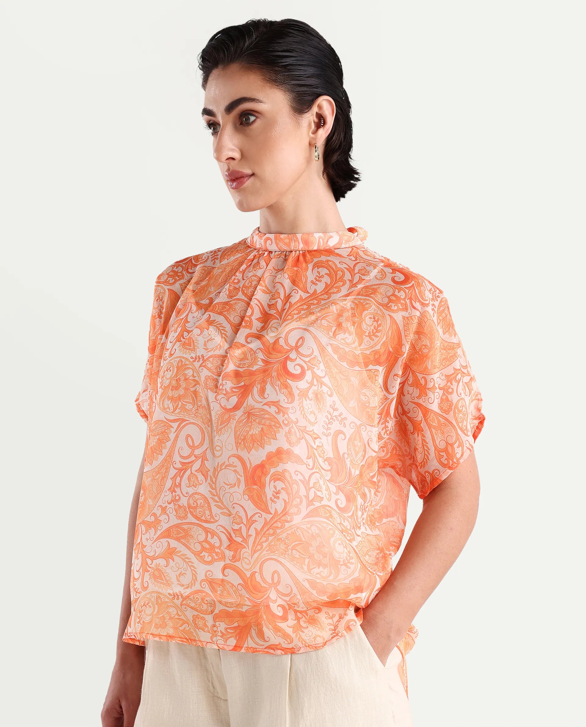 Rareism Women's Collen Orange Polyester High Neck Abstract Print Regular Fit Top
