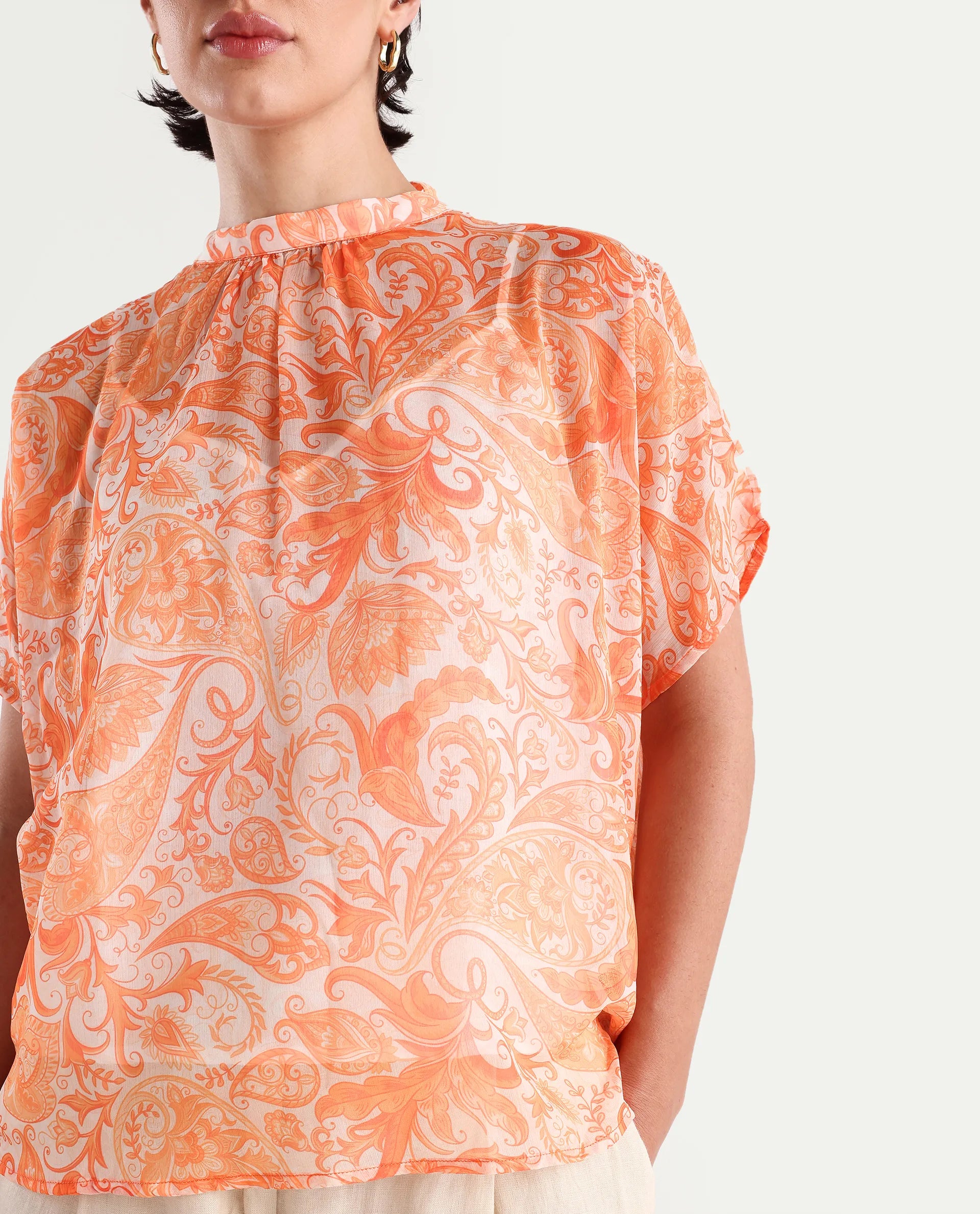 Rareism Women's Collen Orange Polyester High Neck Abstract Print Regular Fit Top