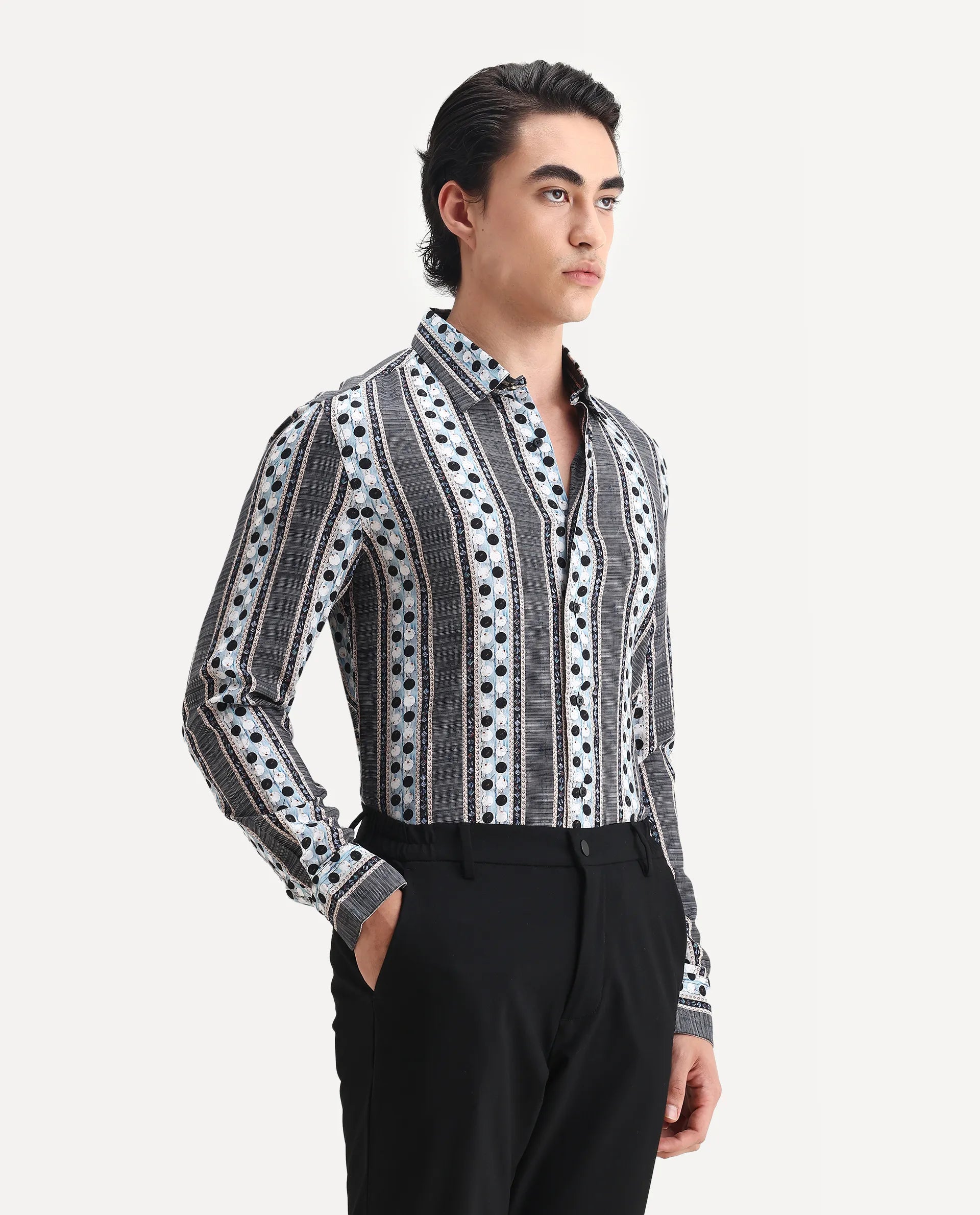 Rare Rabbit Men's Clortan Black Viscose Geometric Print Regular Fit Full Sleeve Collared Shirt